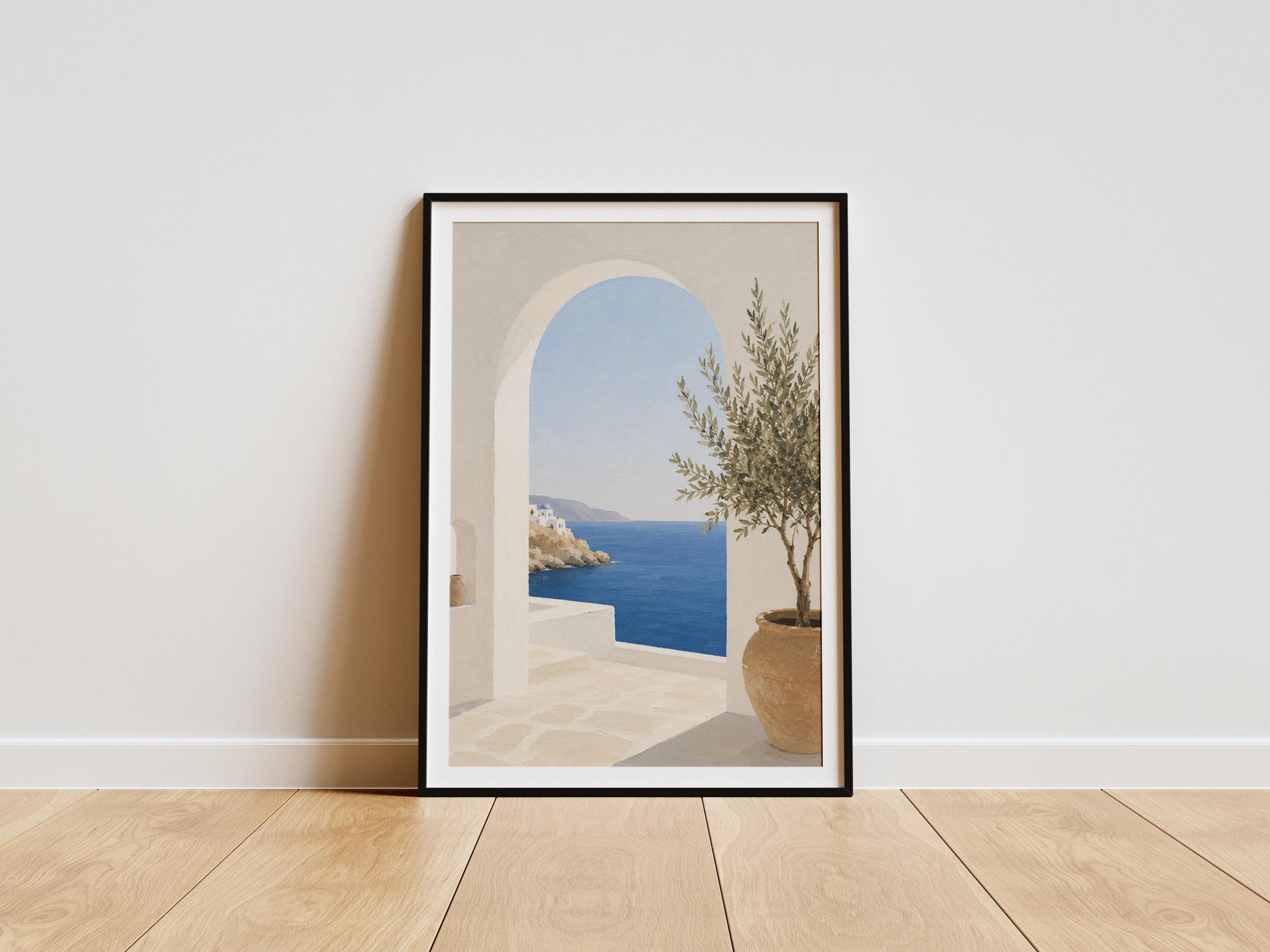 Mediterranean wall art featuring a white archway overlooking a blue sea and coastal village.