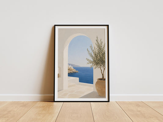 Mediterranean wall art featuring a white archway overlooking a blue sea and coastal village.