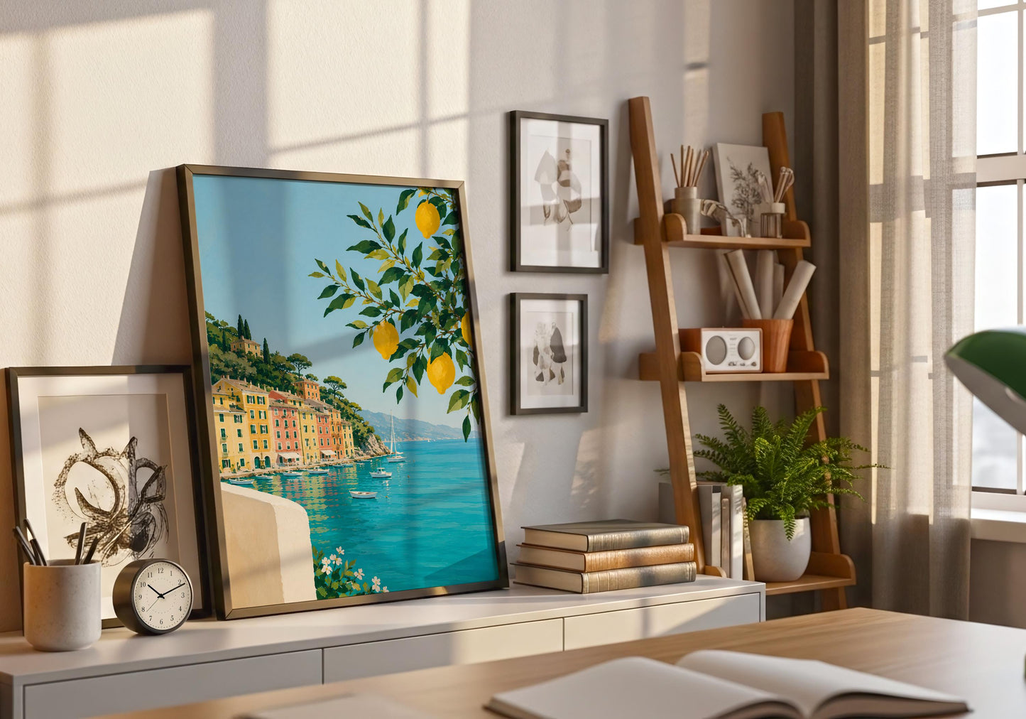 Italian Riviera wall art with vibrant lemon branches and colourful harbour buildings.