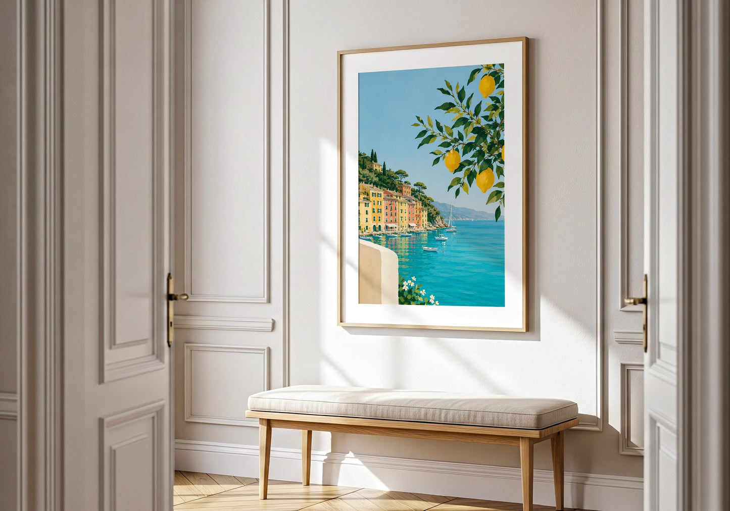 Portofino style wall art featuring colourful seaside houses and peaceful sailing boats.