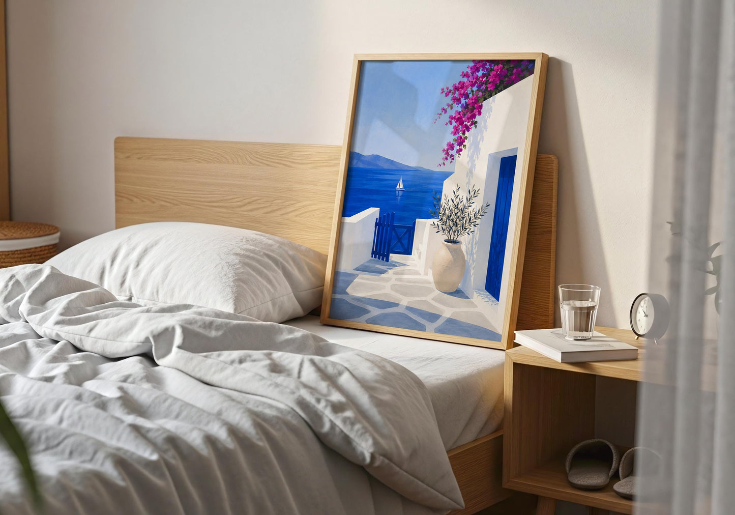 Mediterranean coastal artwork inspired by Santorini's iconic white buildings and blue sea.