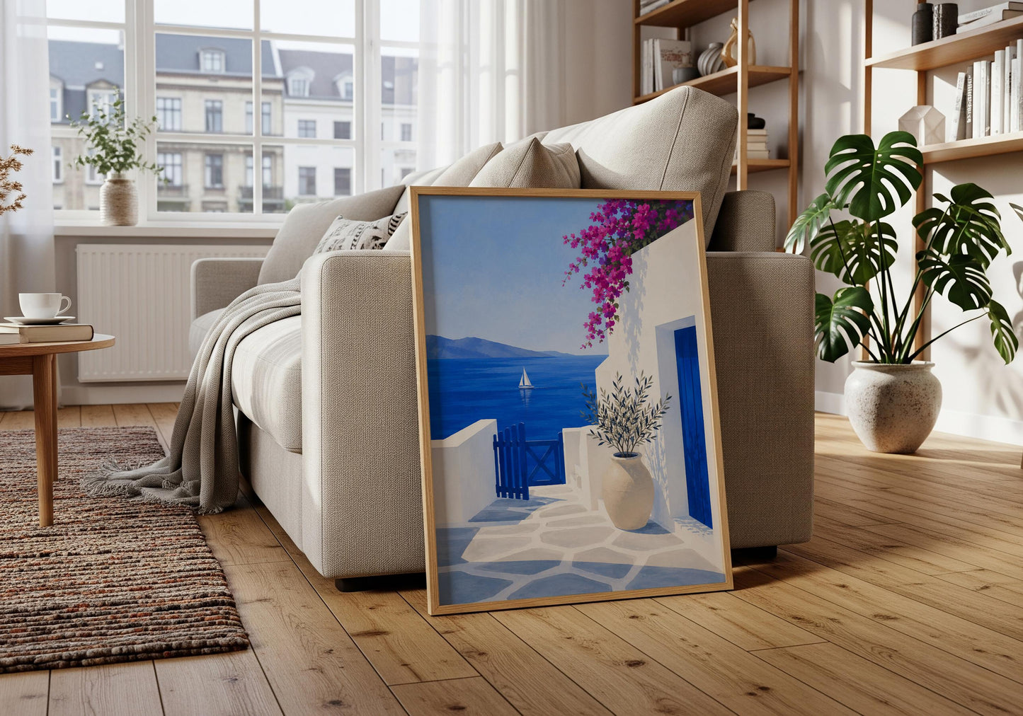 Greece travel print with a blue gate, sailing boat and vibrant bougainvillea flowers.