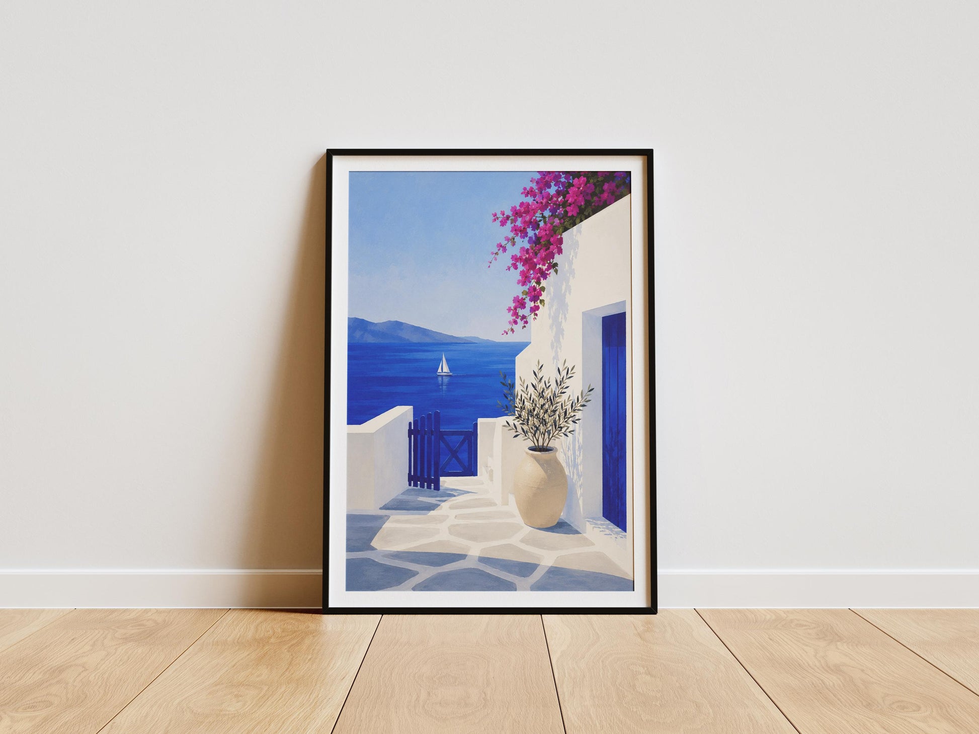 Santorini wall art featuring white Greek architecture, blue doors and Aegean Sea views.