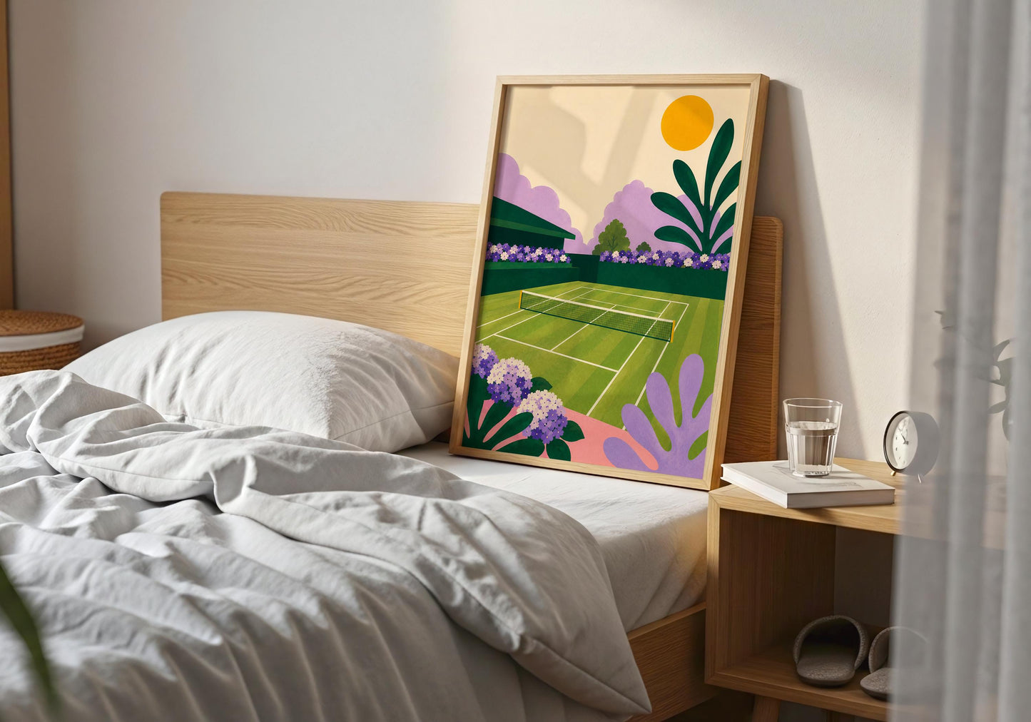 Lawn tennis print with a contemporary illustrated court and lush green landscaping