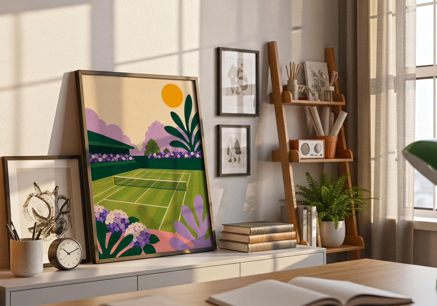 Modern lawn tennis poster with botanical flowers and vibrant landscape design.