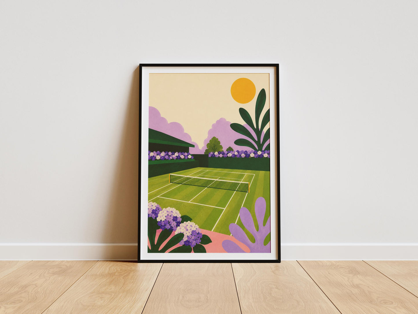Modern tennis court wall art featuring a vibrant grass court surrounded by colourful botanical gardens.
