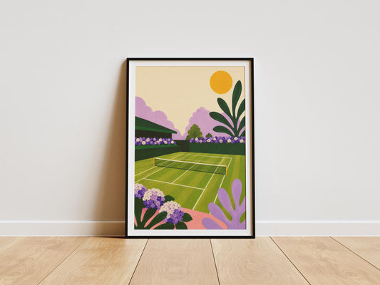 Modern tennis court wall art featuring a vibrant grass court surrounded by colourful botanical gardens.