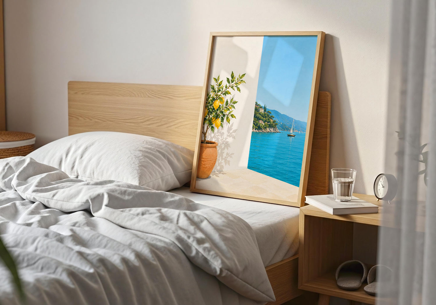 French Riviera print displayed in a bright contemporary living room with neutral décor.