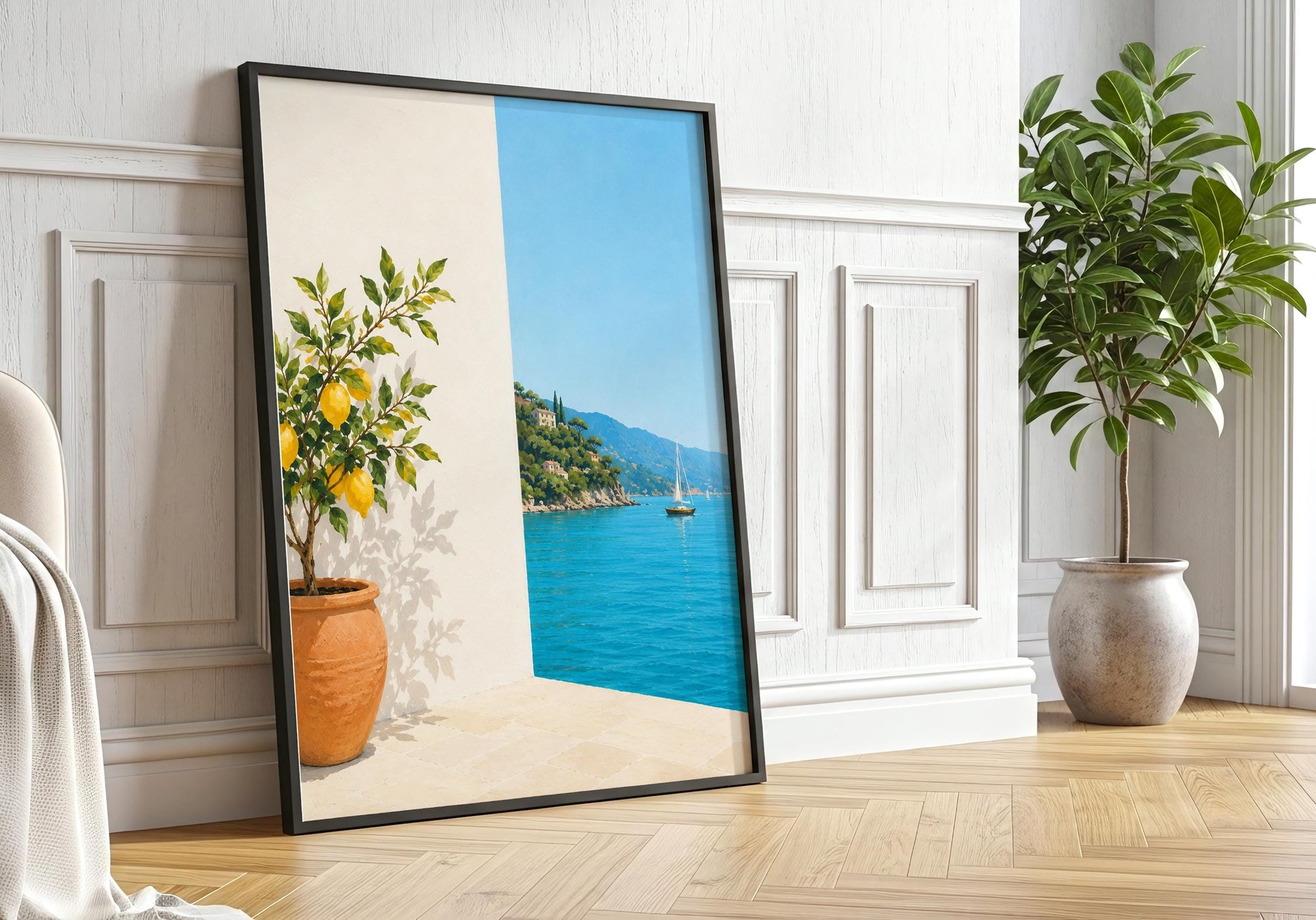 Amalfi Coast inspired wall art styled in a modern bedroom with natural wood accents.