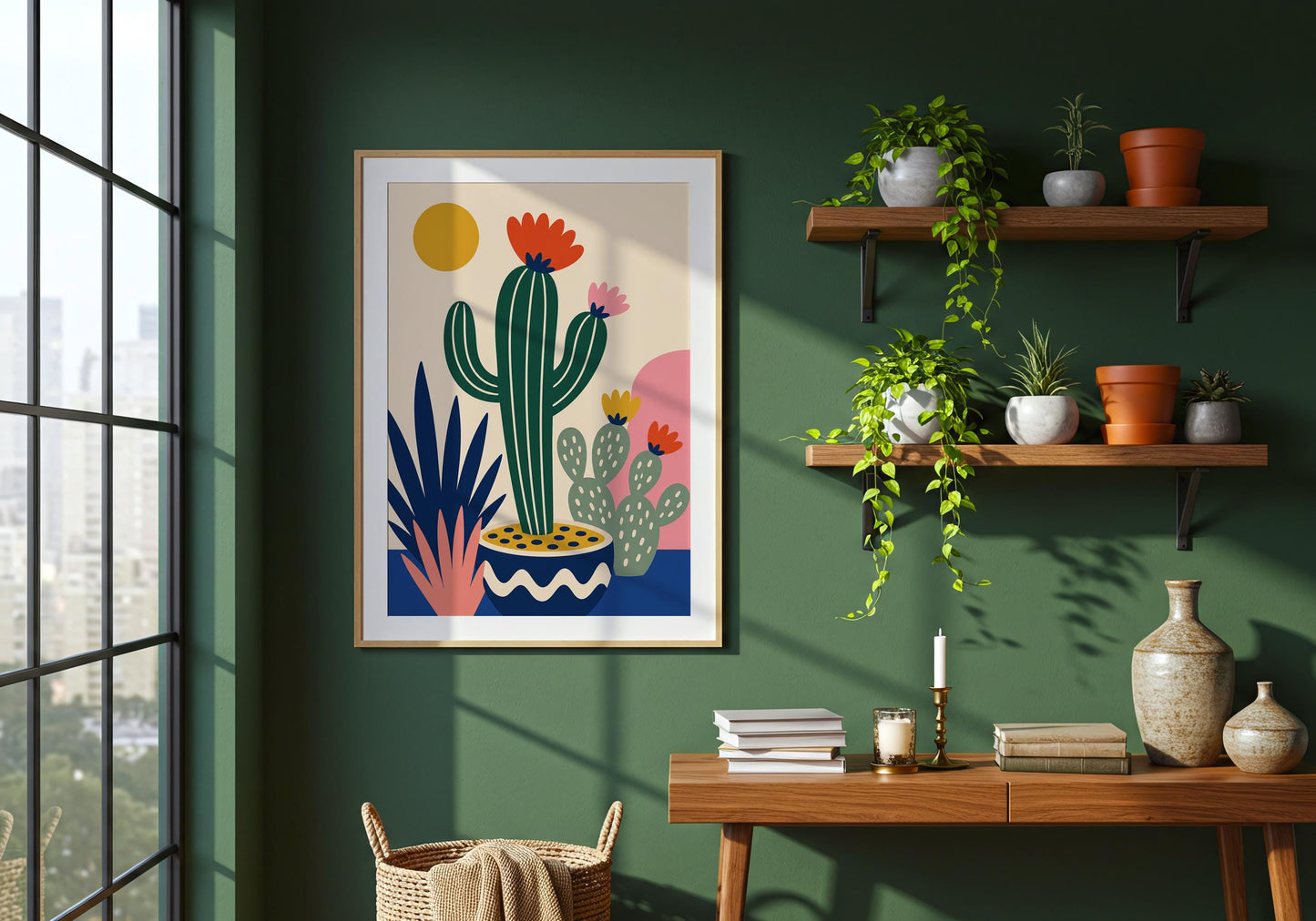 Contemporary cactus illustration print with bold colors, flowering succulents, and Mid Century Modern desert-inspired artwork.
