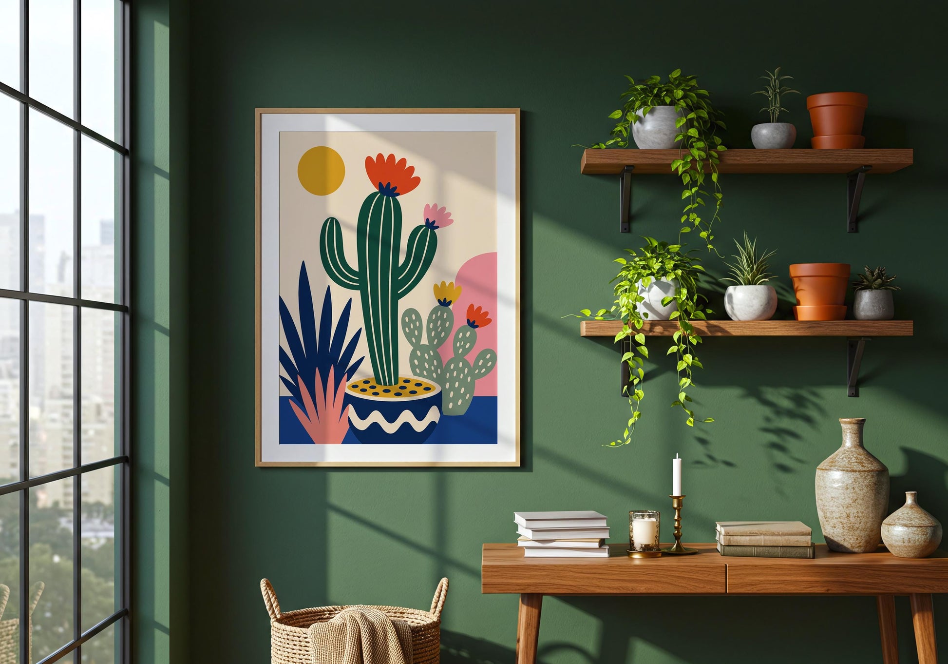 Contemporary cactus illustration print with bold colors, flowering succulents, and Mid Century Modern desert-inspired artwork.