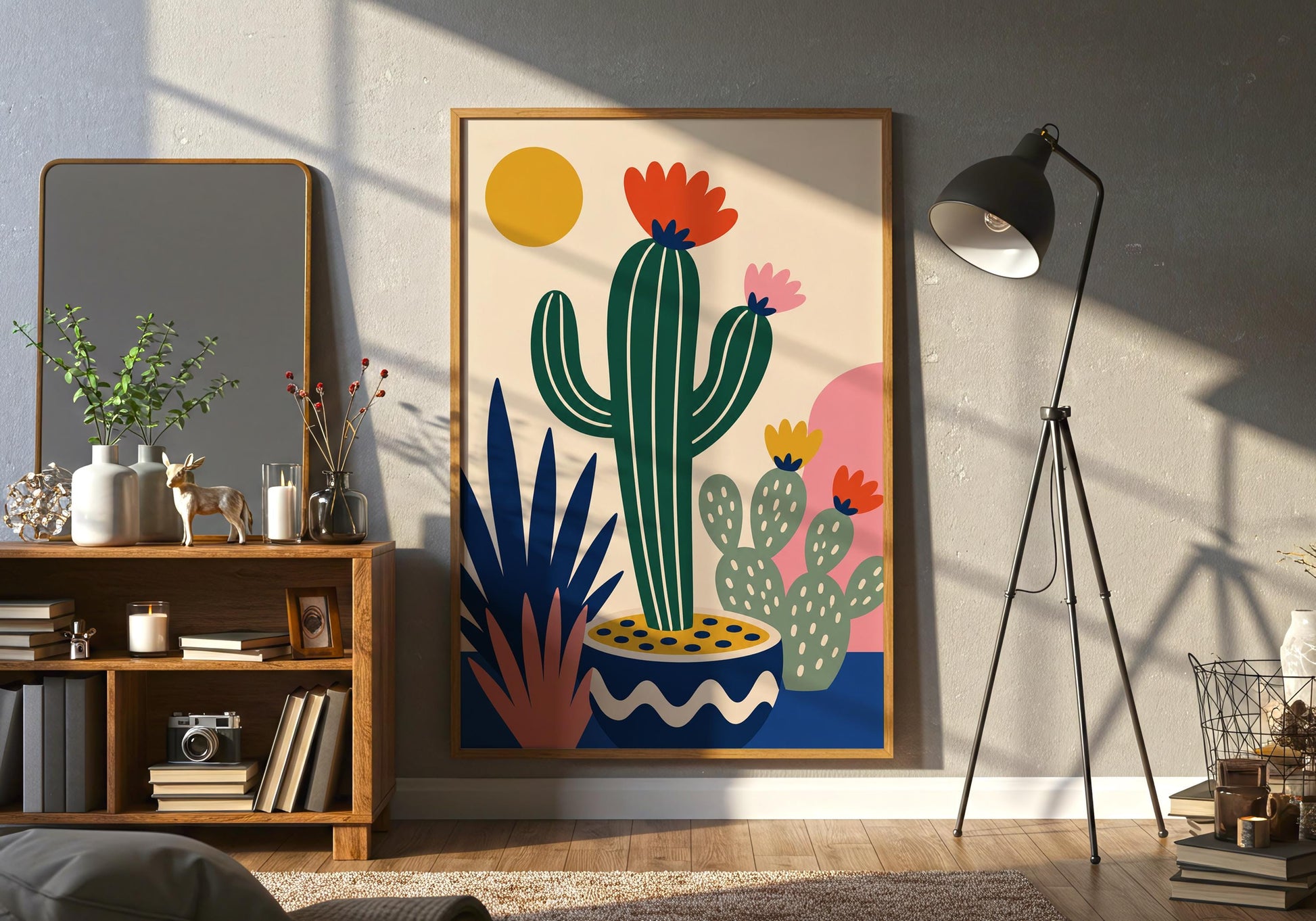 Modern desert botanical wall art showcasing a blooming cactus, succulent plants, and bold colorful shapes for contemporary interiors.
