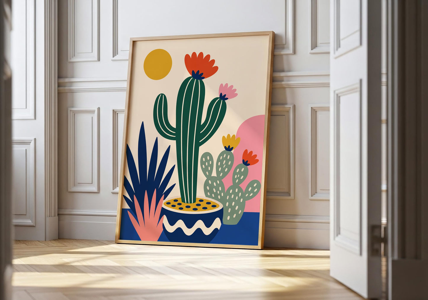 Mexican cactus print with abstract desert landscape, flowering cactus, and minimalist botanical artwork for living room decor.