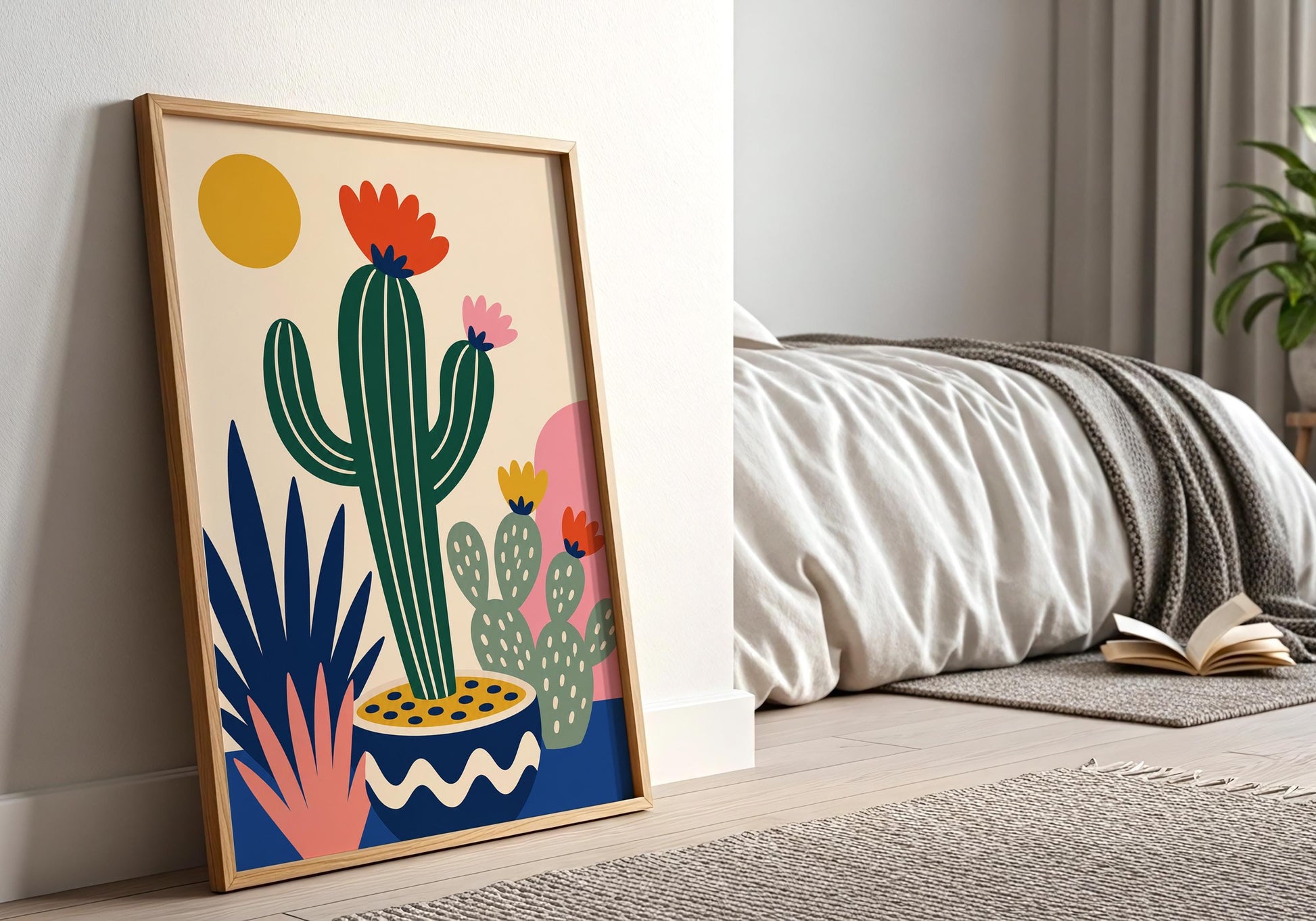 Mid Century Modern cactus poster with vibrant botanical illustration, desert plants, and Scandinavian-inspired minimalist home decor.