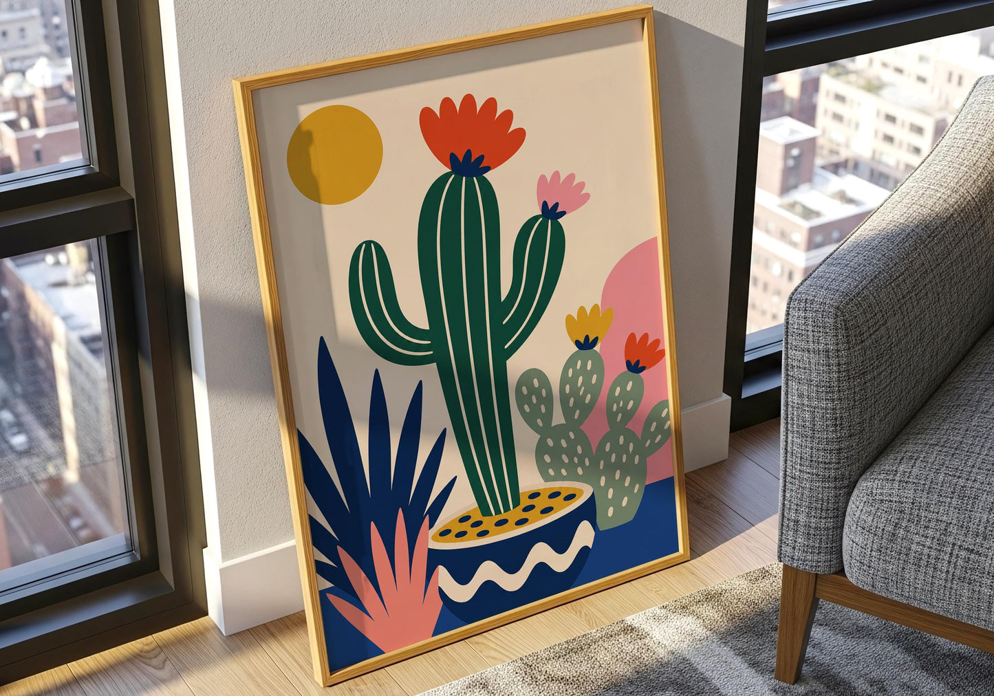 Modern plant wall art featuring an abstract cactus illustration in a patterned planter with vibrant desert botanical accents.