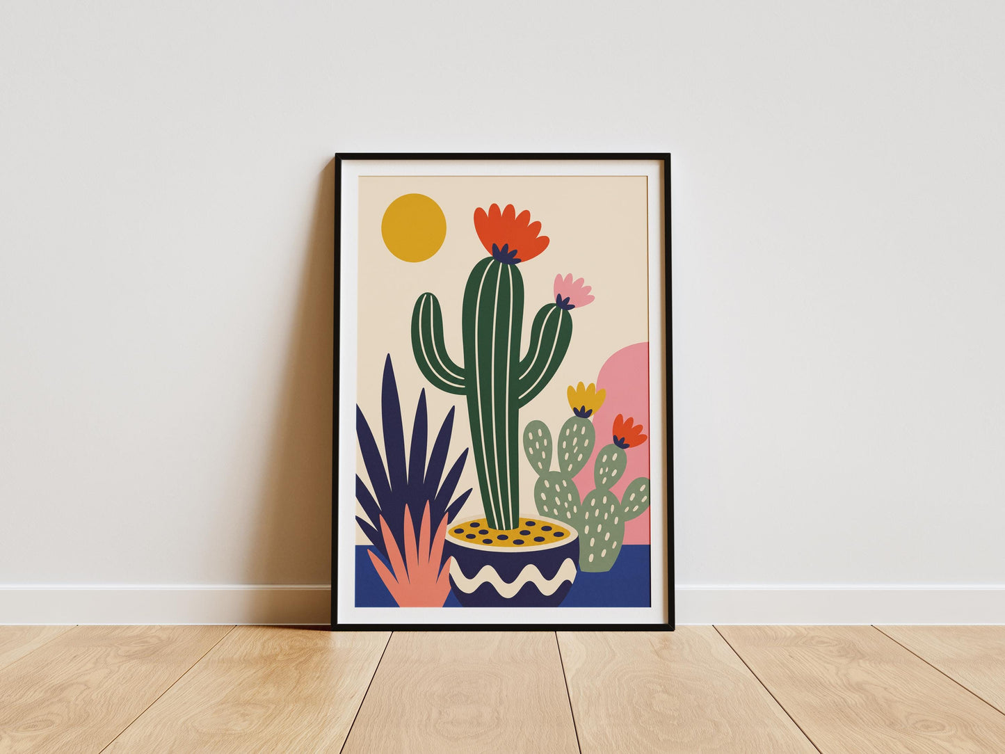 Colorful cactus wall art print featuring a blooming green cactus in a decorative blue planter with abstract desert plants and modern minimalist design.