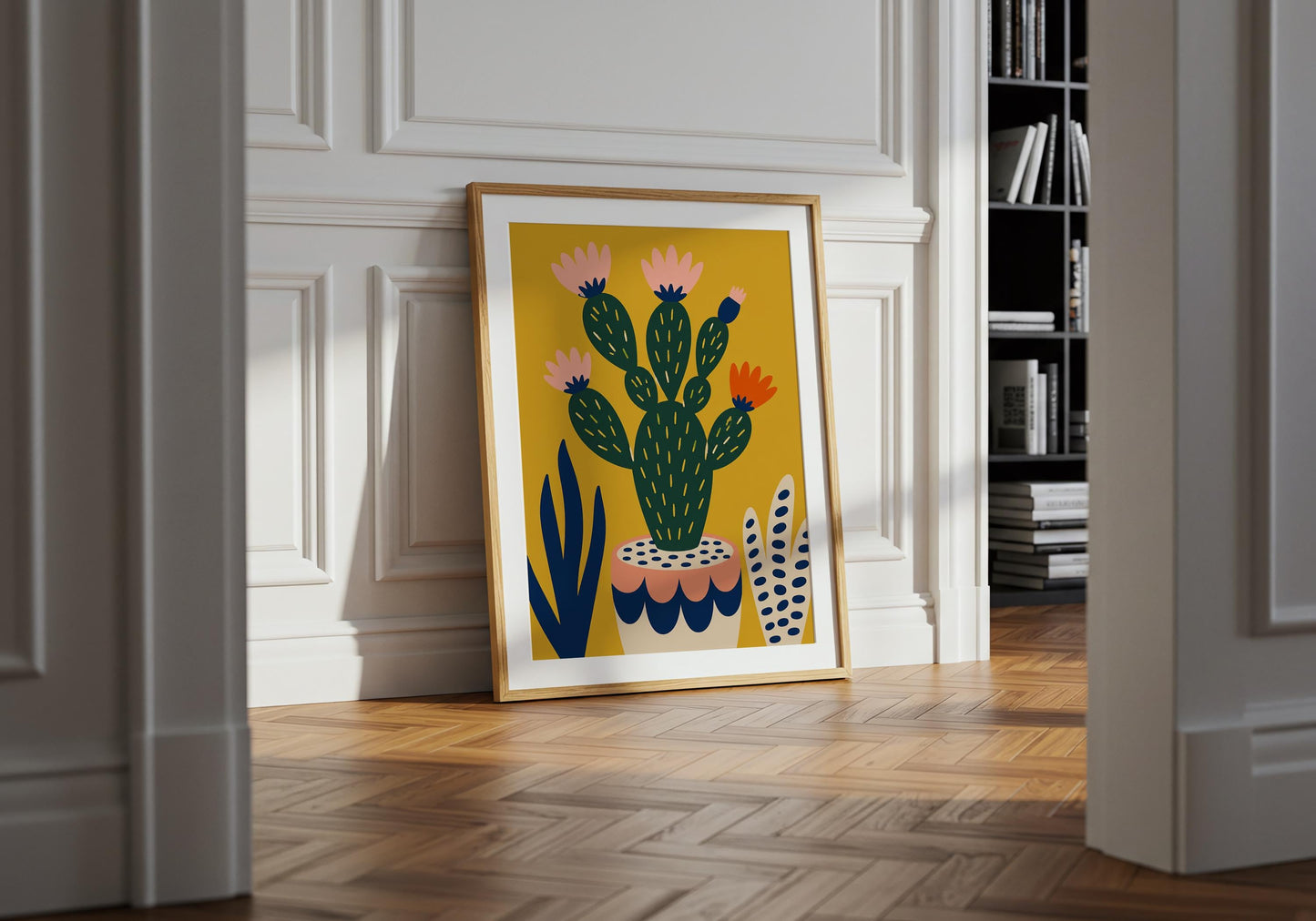 Modern botanical artwork featuring a prickly pear cactus with pink and orange blossoms.