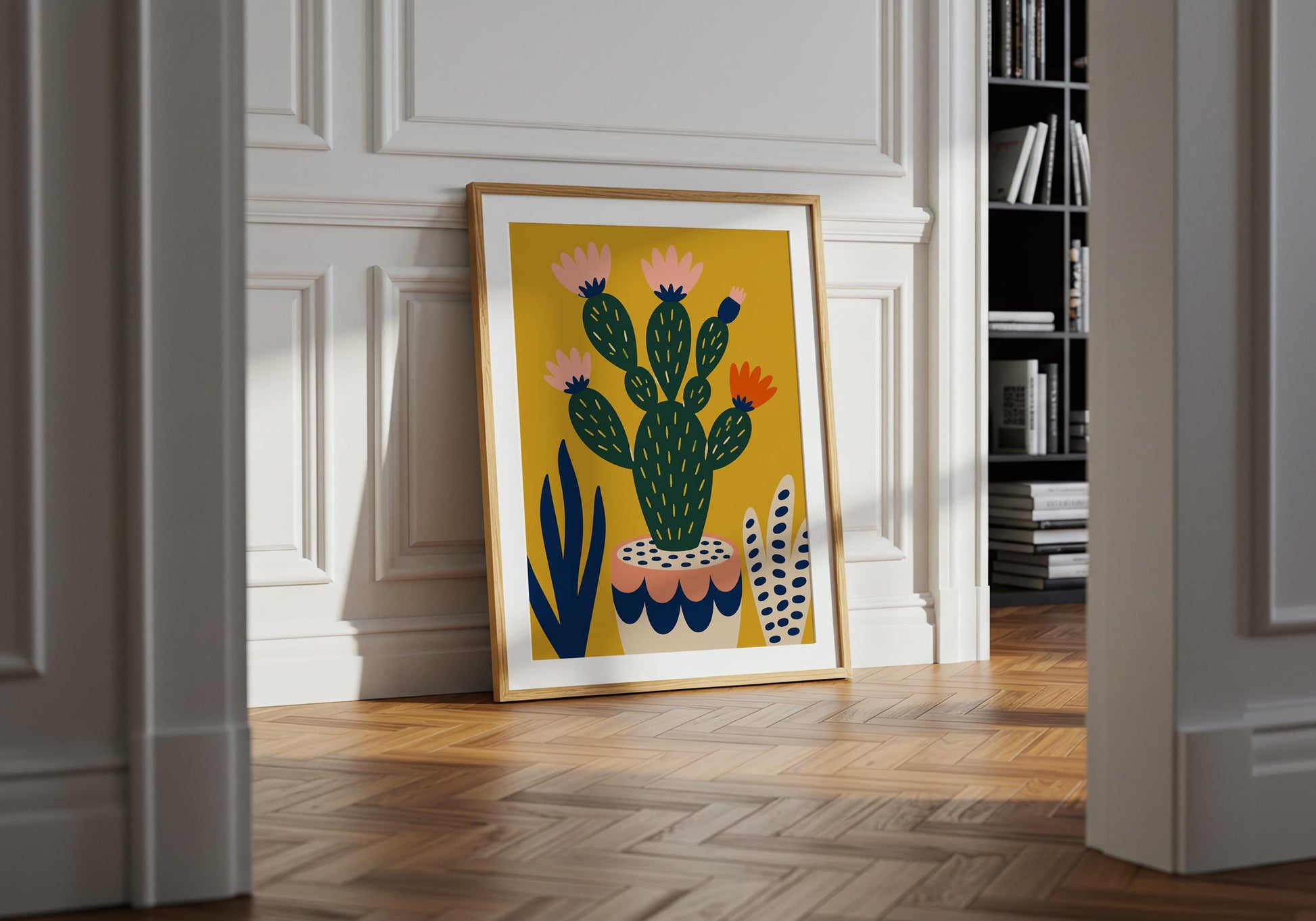 Modern botanical artwork featuring a prickly pear cactus with pink and orange blossoms.