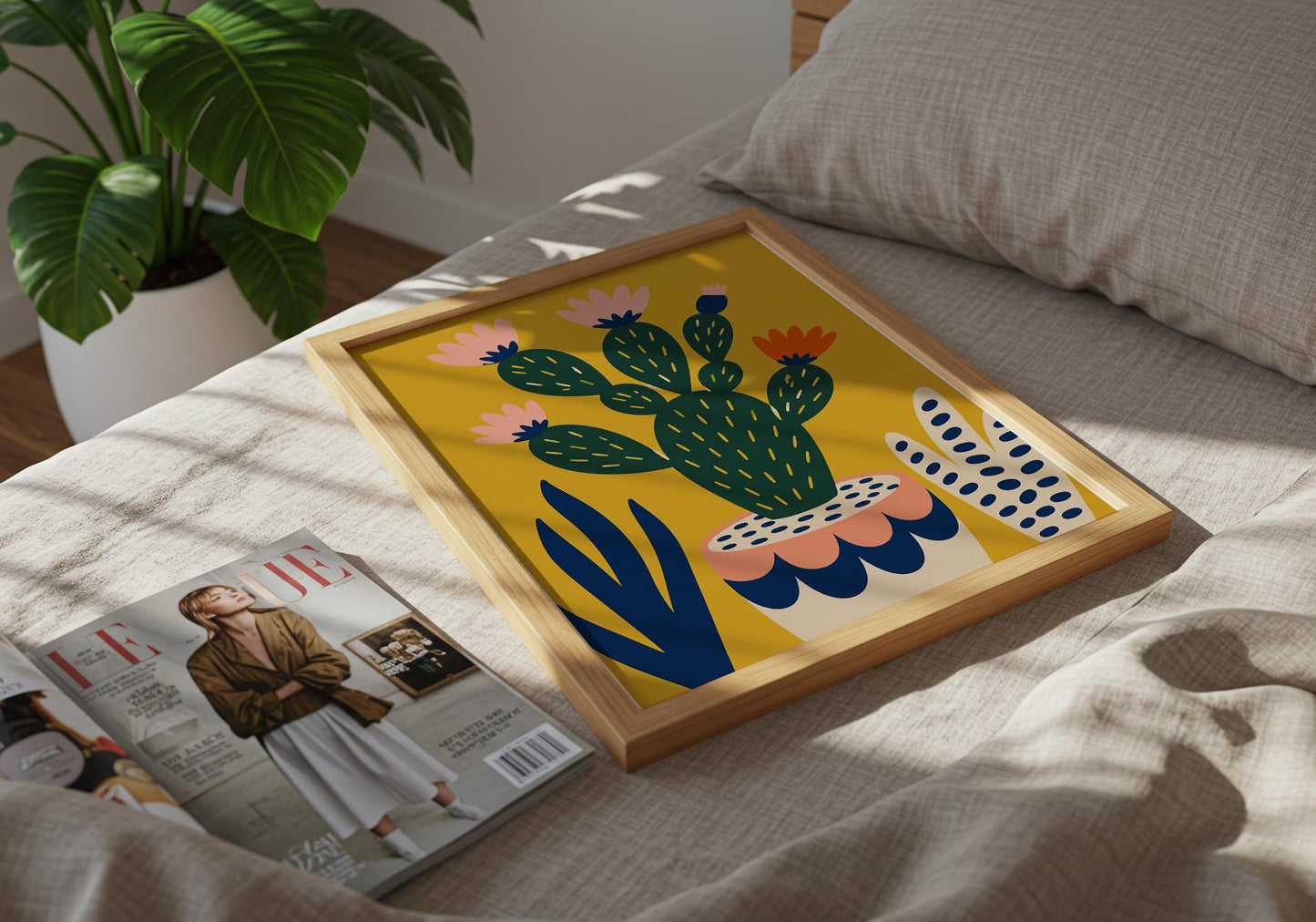 Colourful Mexican-inspired cactus print with bold botanical shapes and modern folk art styling.