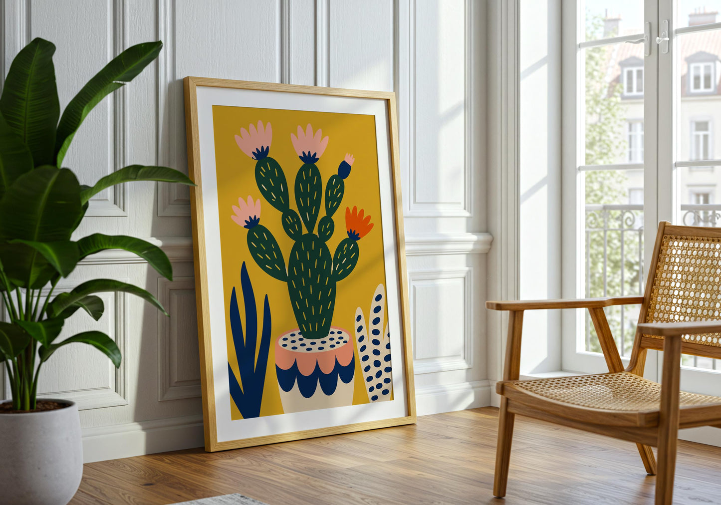 Colourful cactus botanical illustration with bold shapes and contemporary folk art aesthetic.