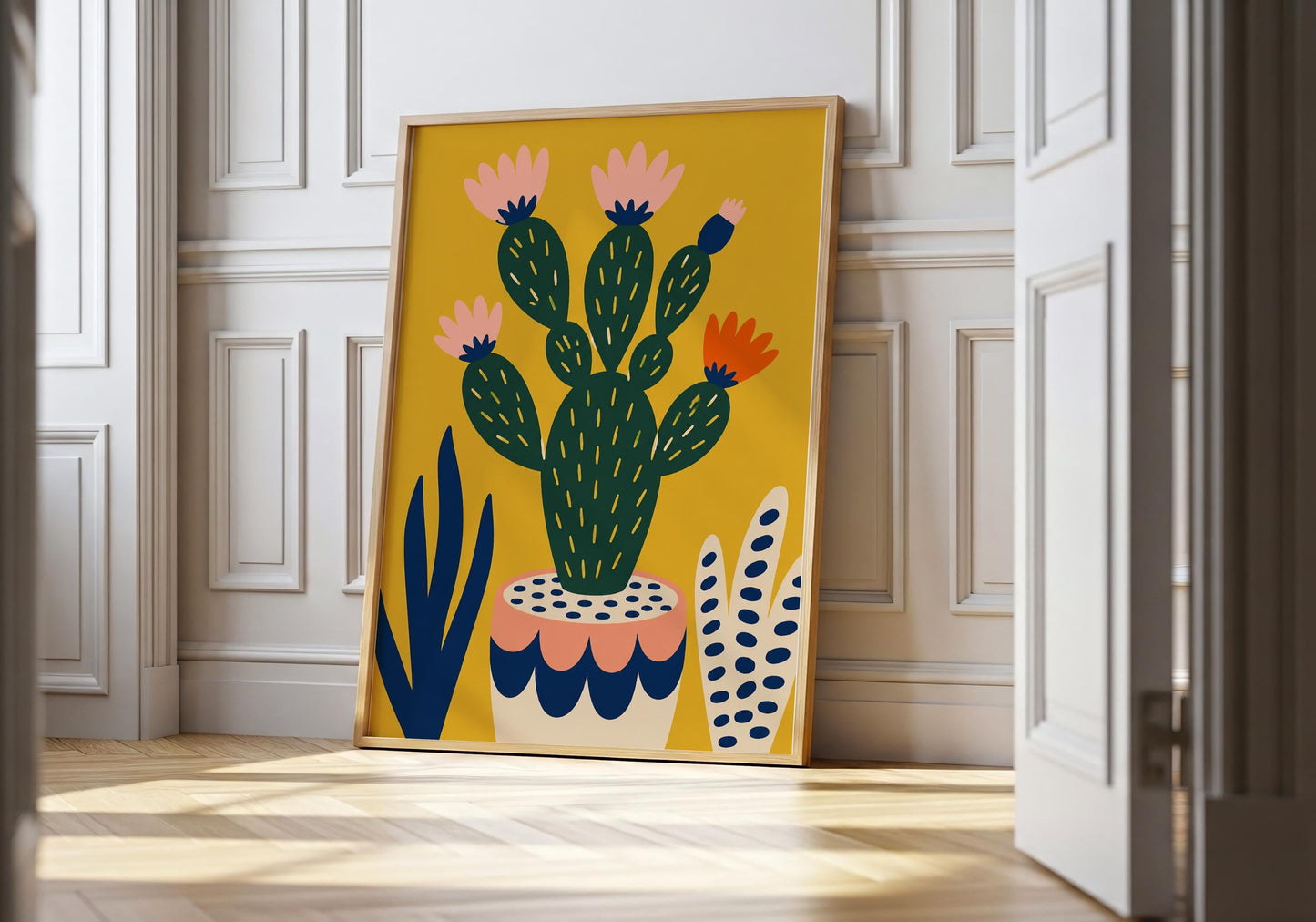 Modern Mexican wall art featuring a flowering cactus and decorative botanical composition.