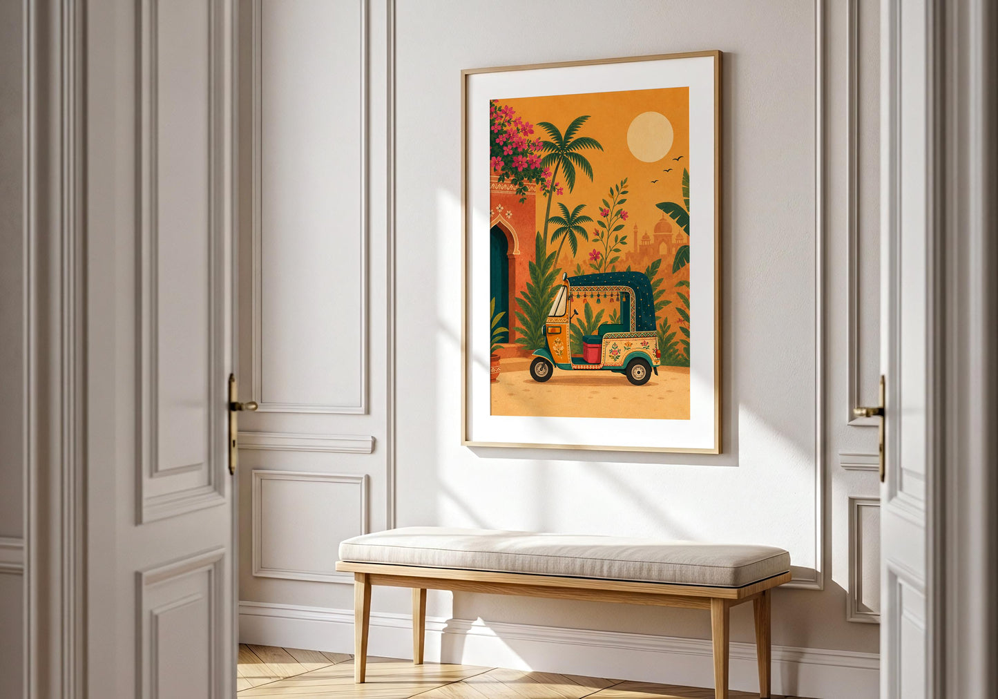 Indian botanical travel artwork with a vintage-inspired tuk tuk in a lush tropical setting.