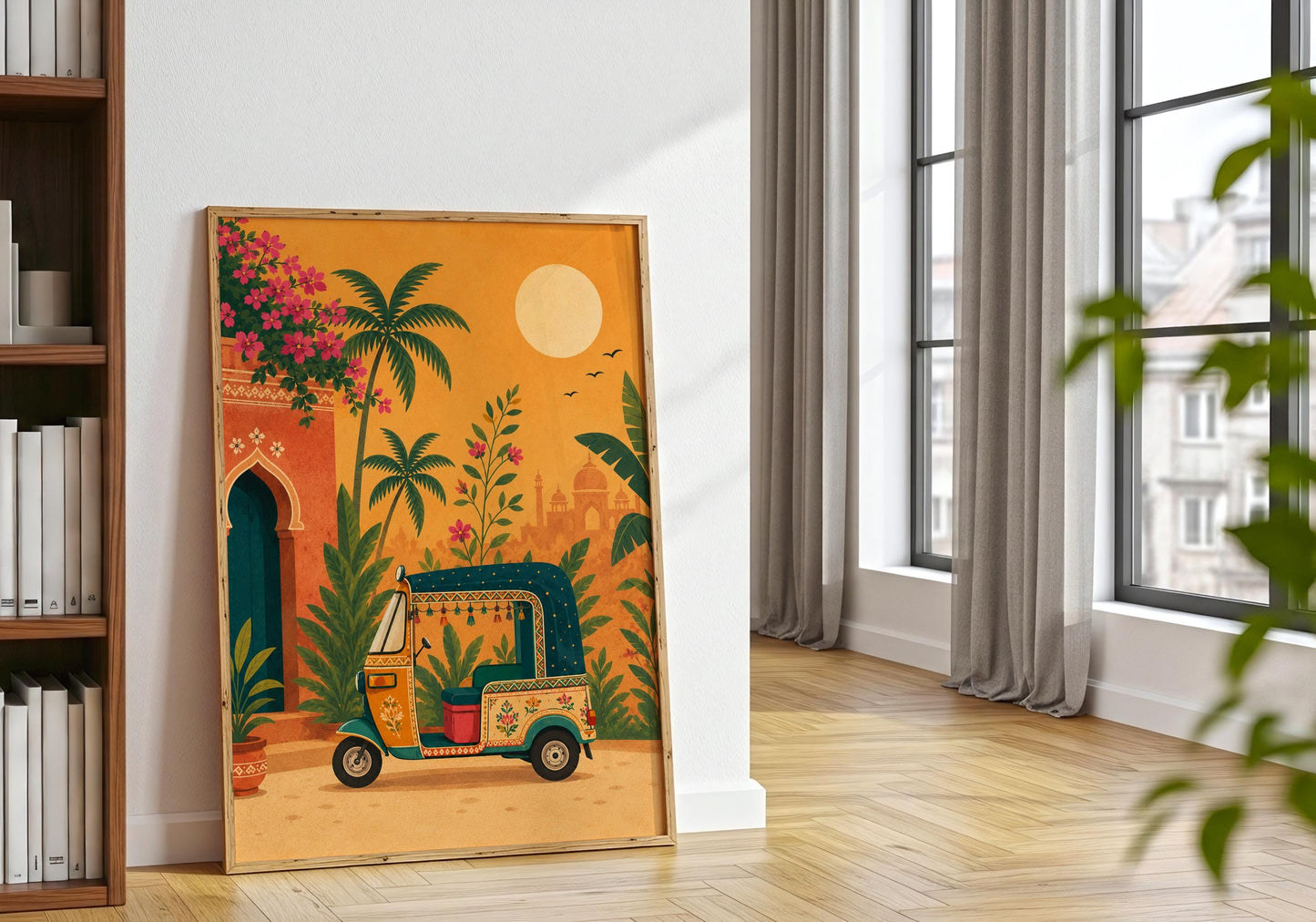 Vintage travel poster with a decorated auto rickshaw surrounded by palm trees and colourful flowers.