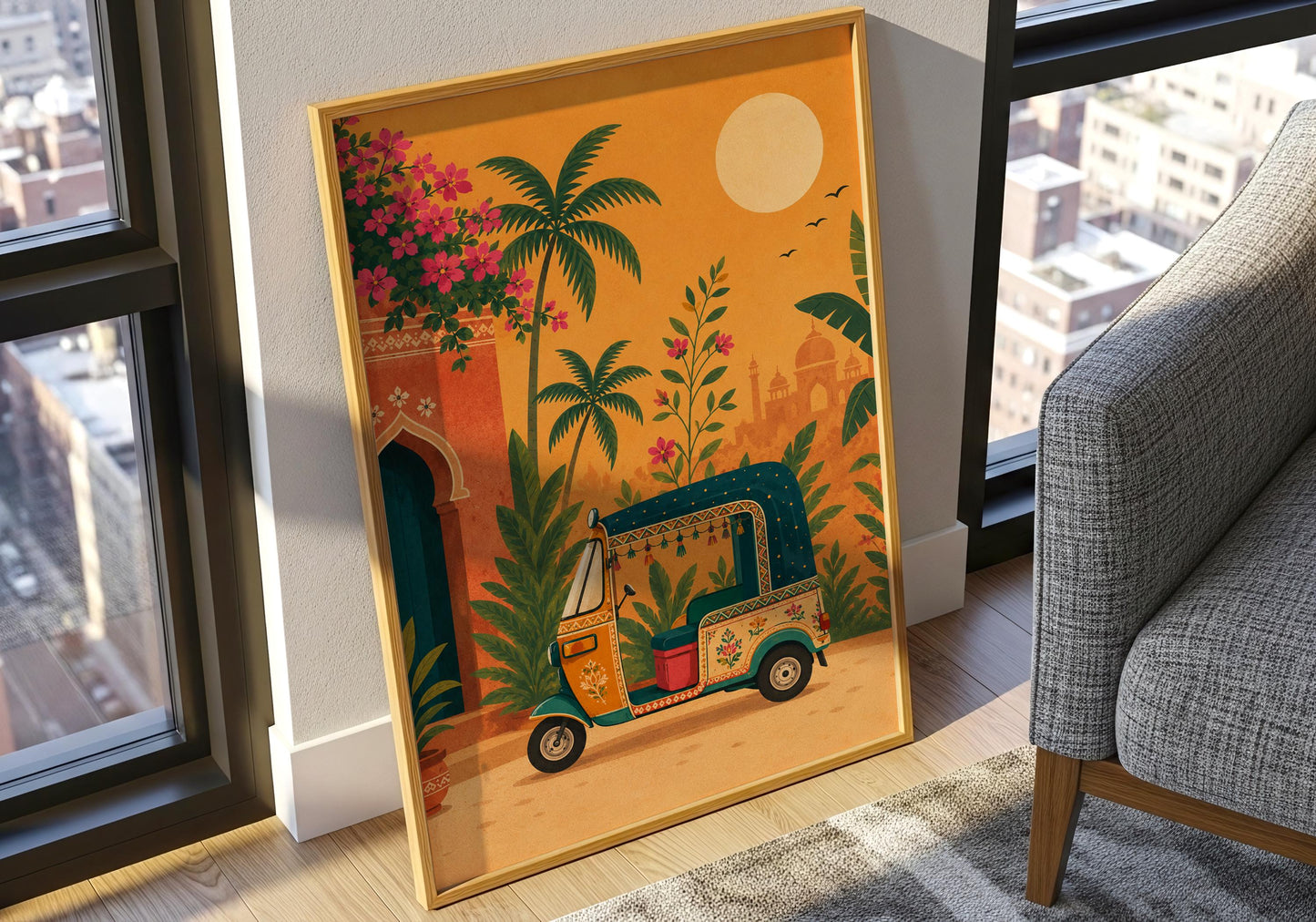 Eclectic travel print featuring tropical plants, Indian palace silhouettes, and a vibrant rickshaw.