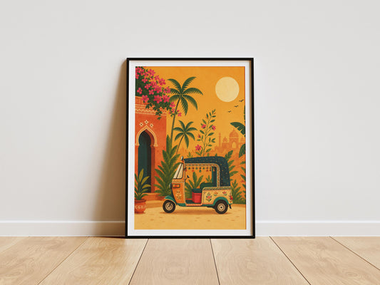 Colourful Indian tuk tuk wall art featuring tropical plants and Jaipur-inspired architecture at sunset.
