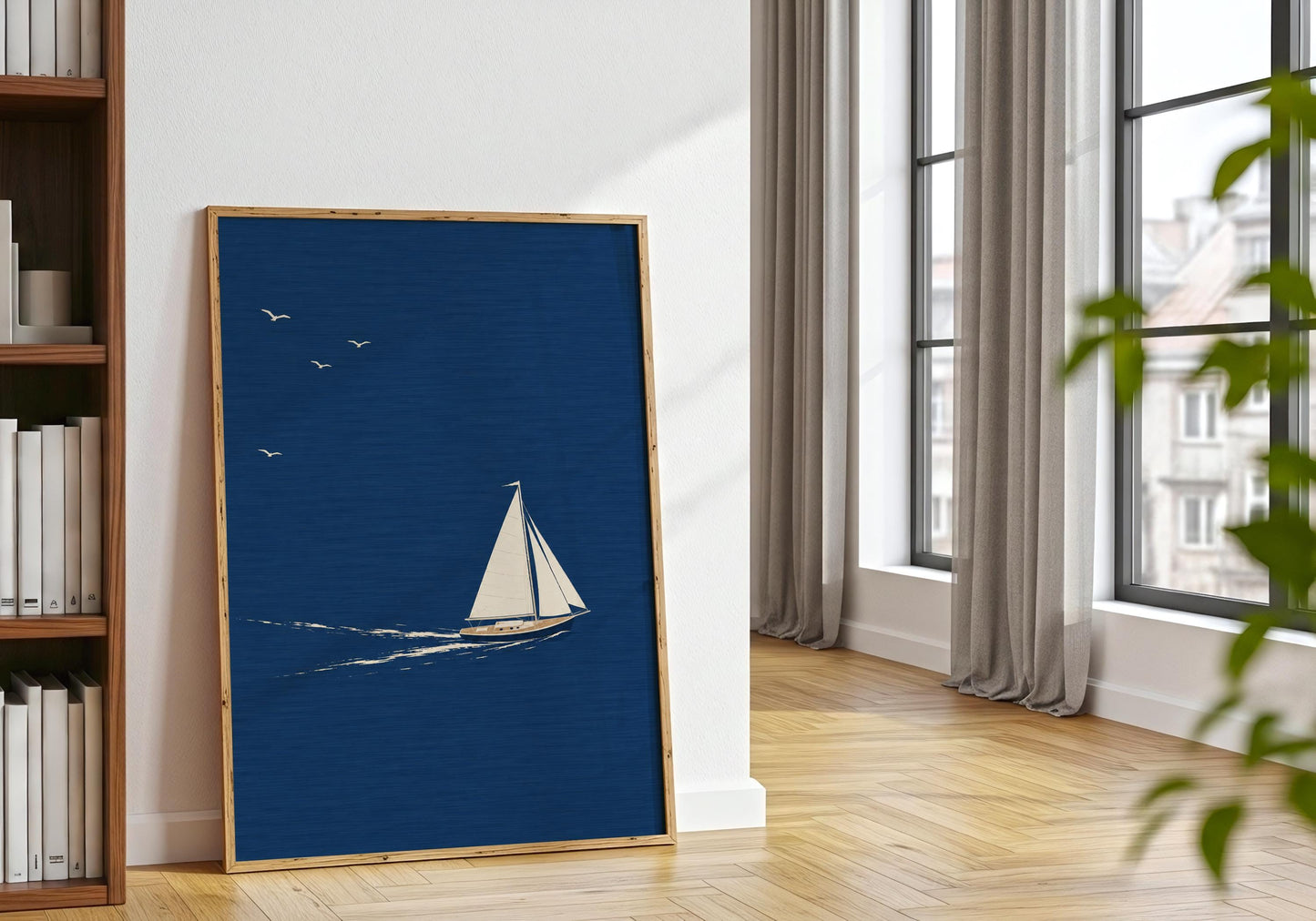 Navy blue coastal print featuring a minimalist sailboat and tranquil seascape.
