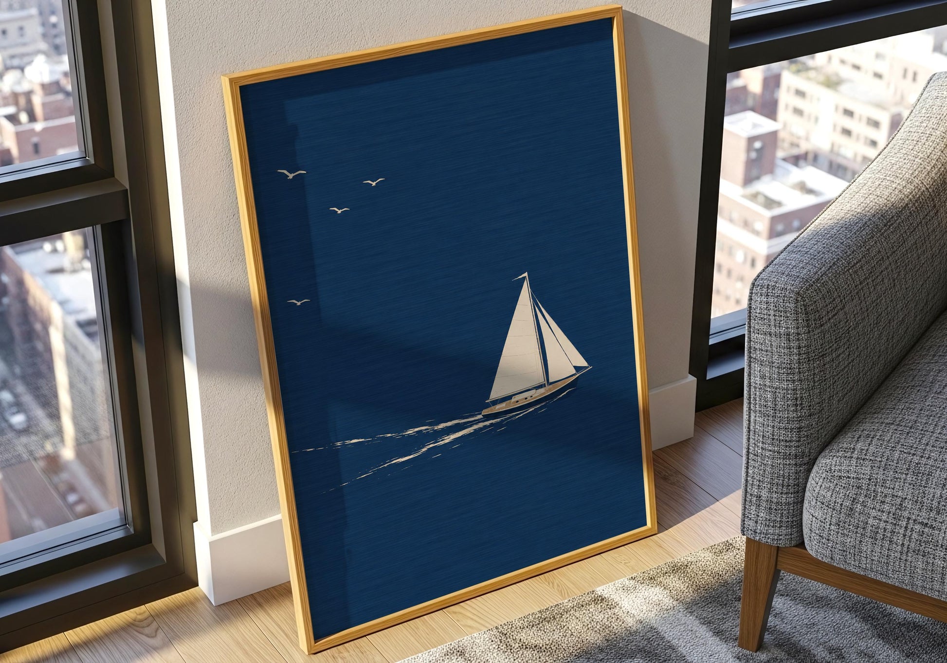 Ocean wall art with a white sailing yacht creating gentle waves across deep blue water.