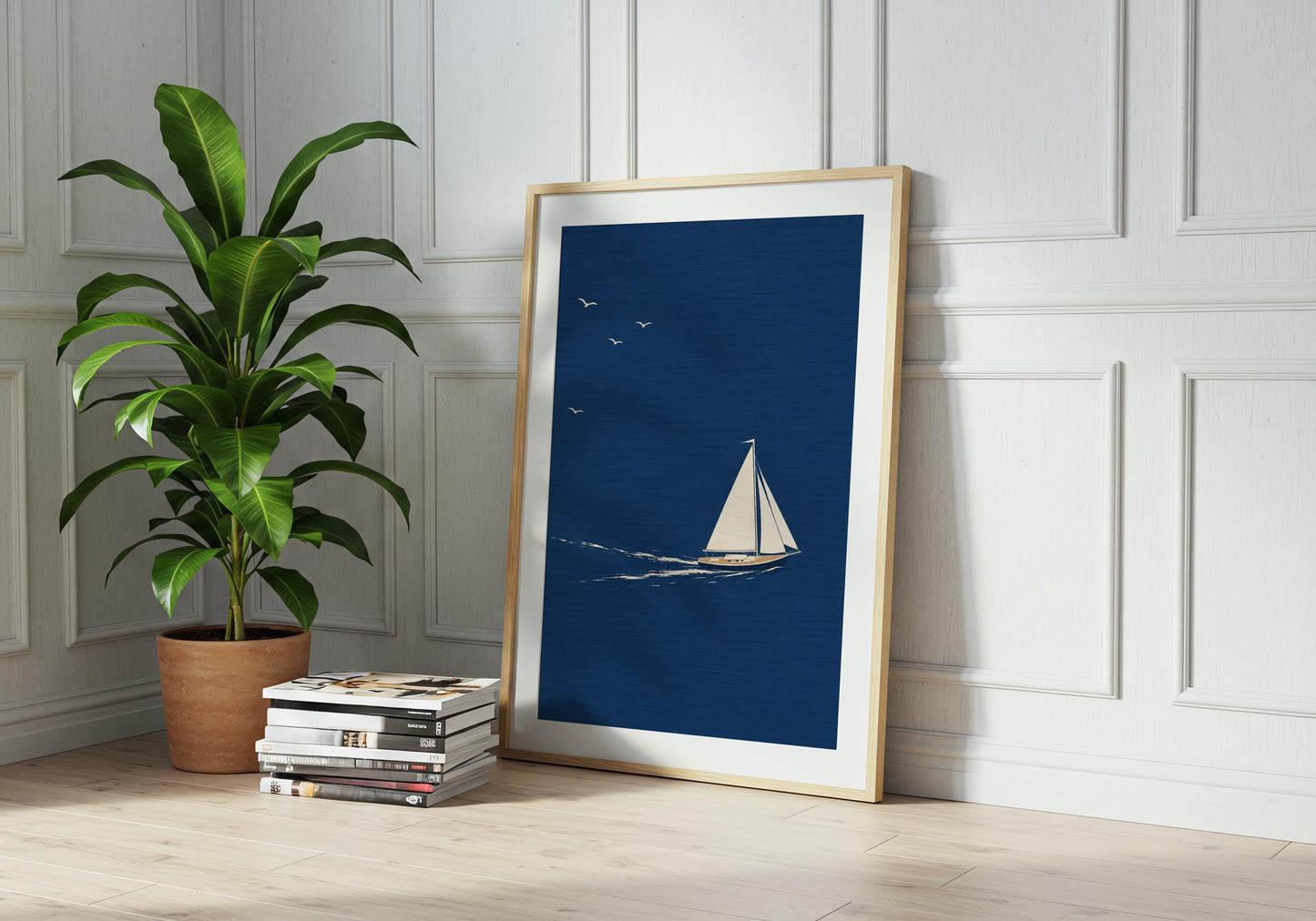 Modern sailing print with clean lines, rich navy colours, and a serene nautical aesthetic.