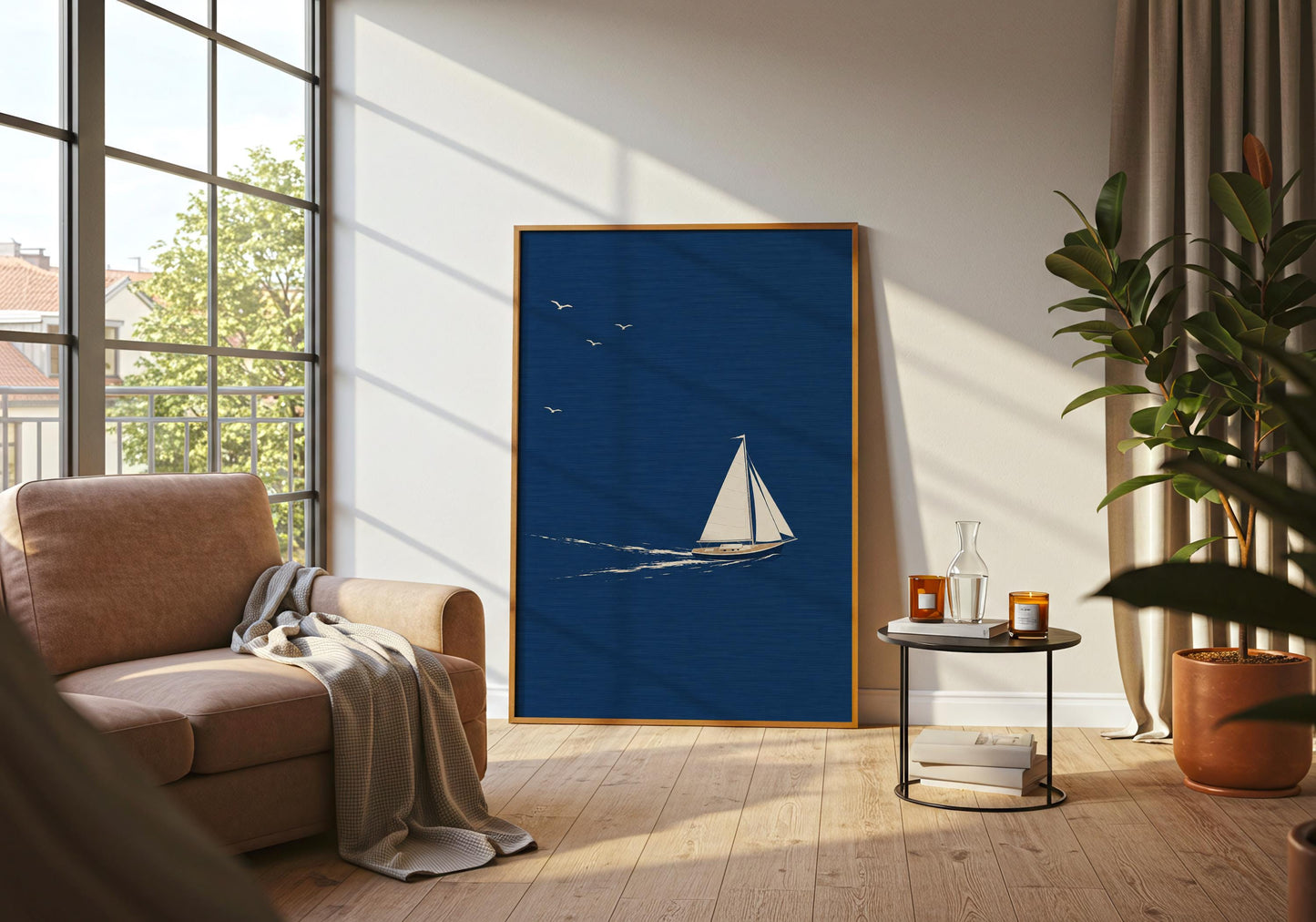 Elegant nautical poster featuring a modern sailboat and minimalist ocean landscape.