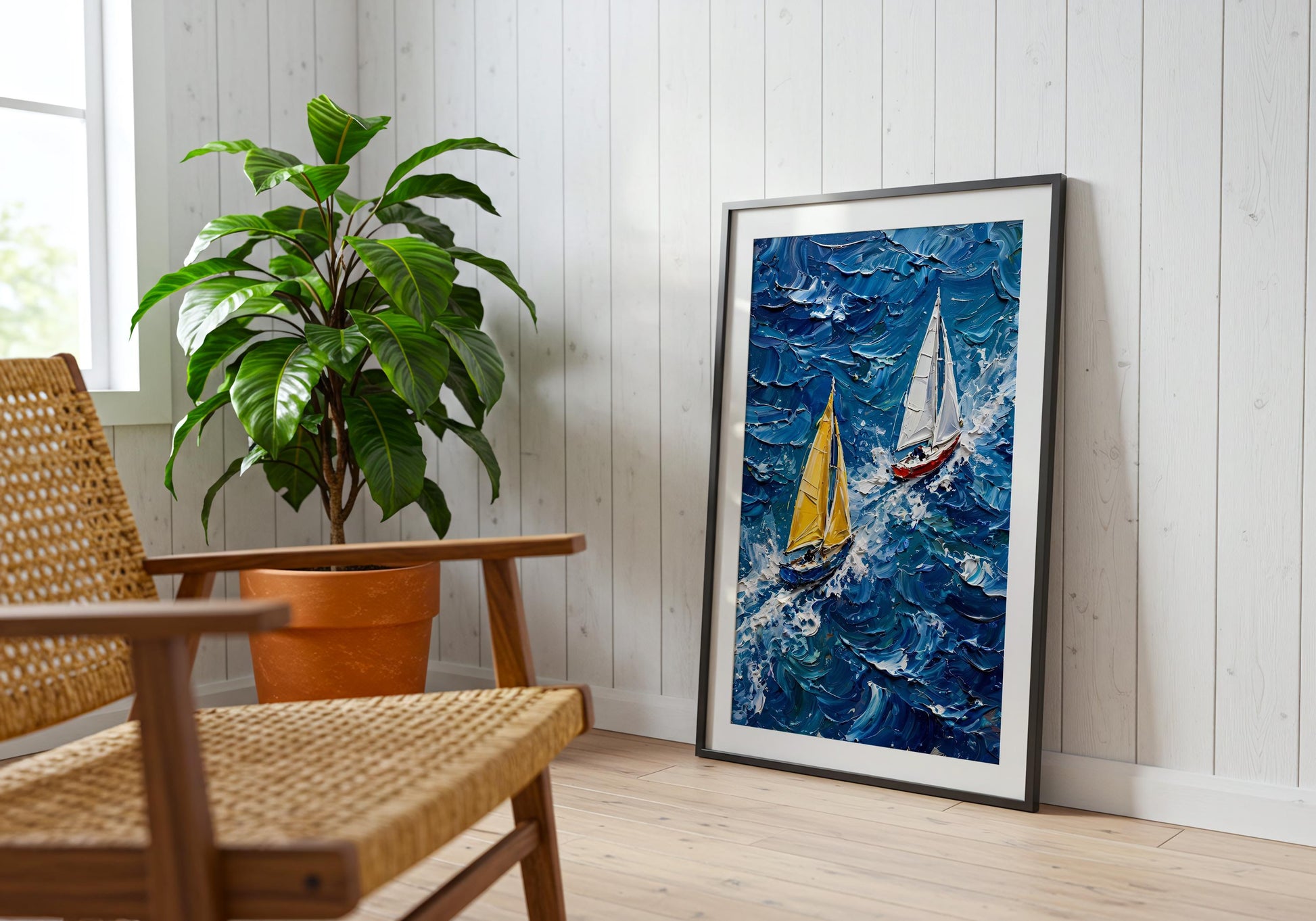 Textured ocean painting showing two racing sailboats on vibrant blue water.