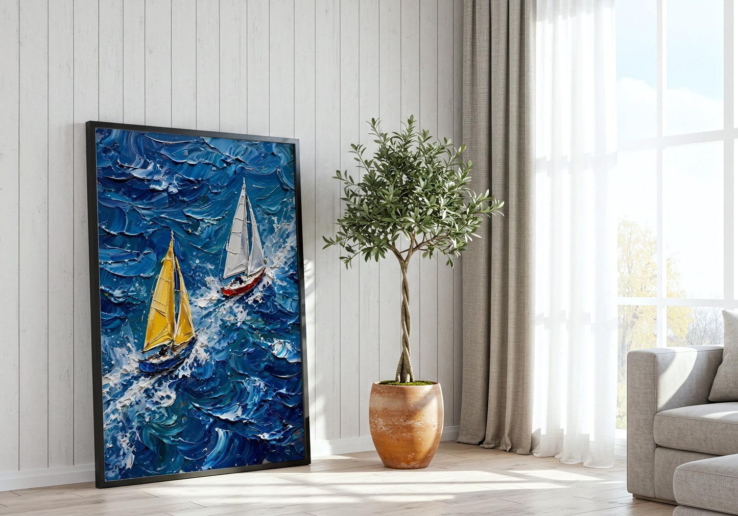 Maritime fine art print of sailing yachts cutting through dramatic ocean waves with bold brushstrokes.