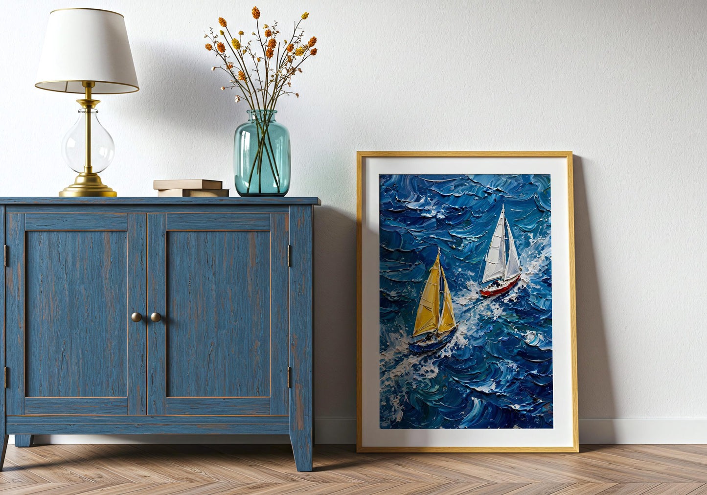 Blue seascape print featuring competitive yacht racing and textured painterly details.