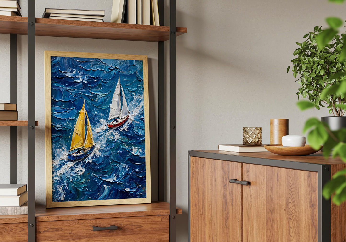 Maritime wall art with two sailboats racing across a vivid blue ocean in a fine art style.