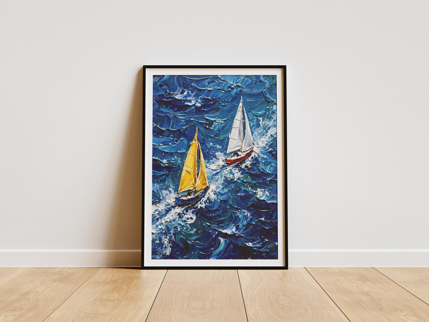 Regatta wall art featuring two yachts racing across textured blue ocean waves in an expressive painting style.