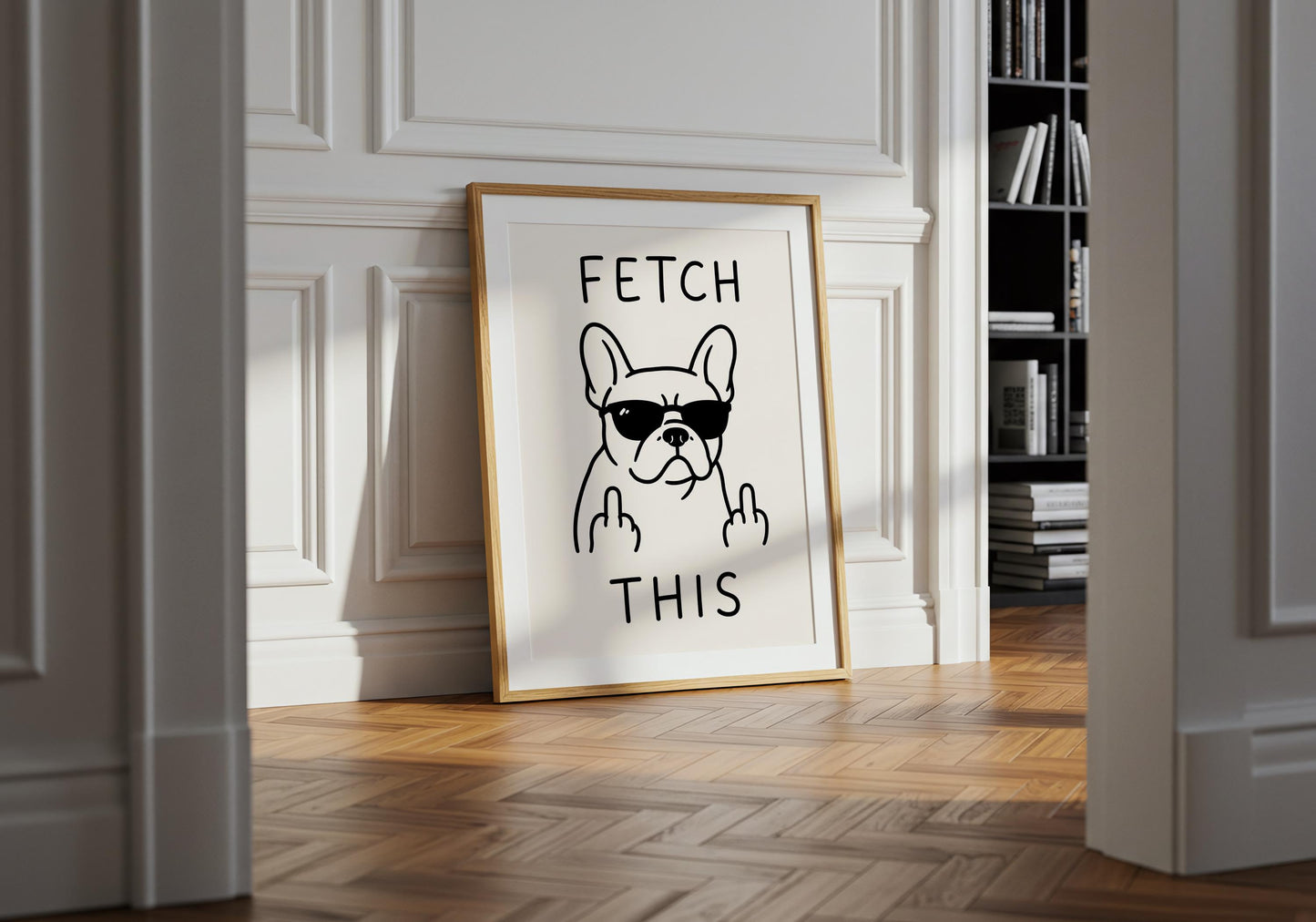 Funny dog wall art showing a cool Frenchie wearing sunglasses and making a rude gesture.