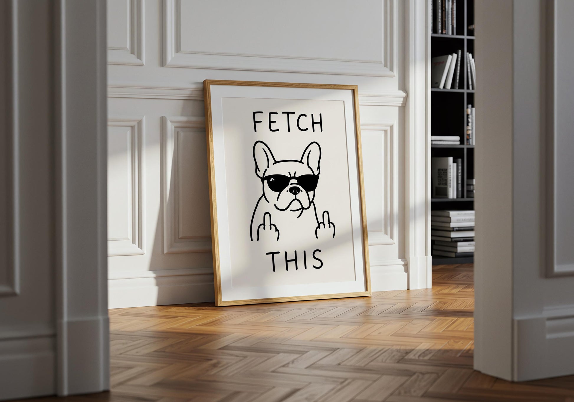 Funny dog wall art showing a cool Frenchie wearing sunglasses and making a rude gesture.