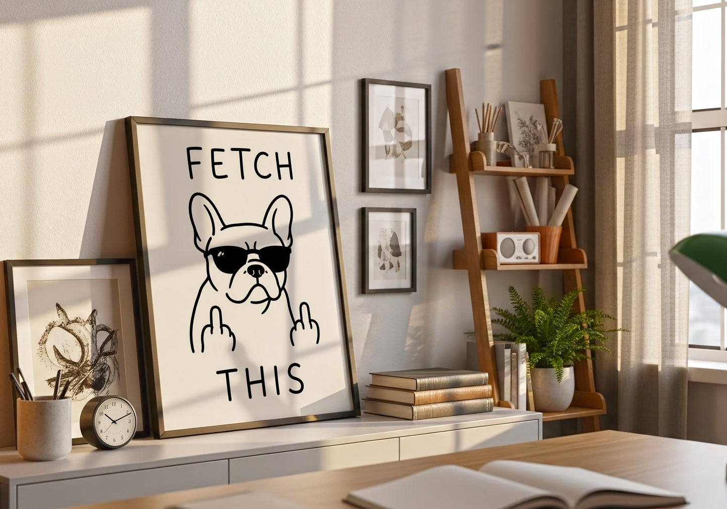 Contemporary dog wall art with a black and white French Bulldog illustration and bold text.