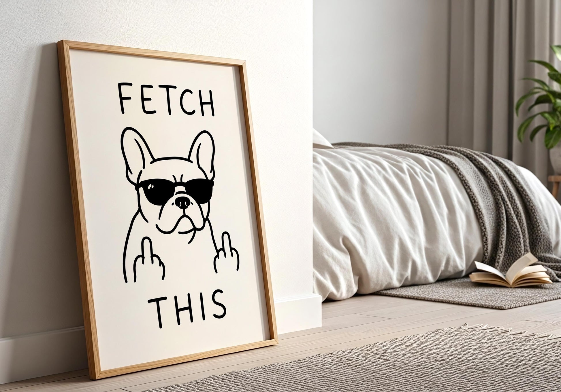 Minimalist black and white French Bulldog print with a cheeky dog illustration and bold typography.