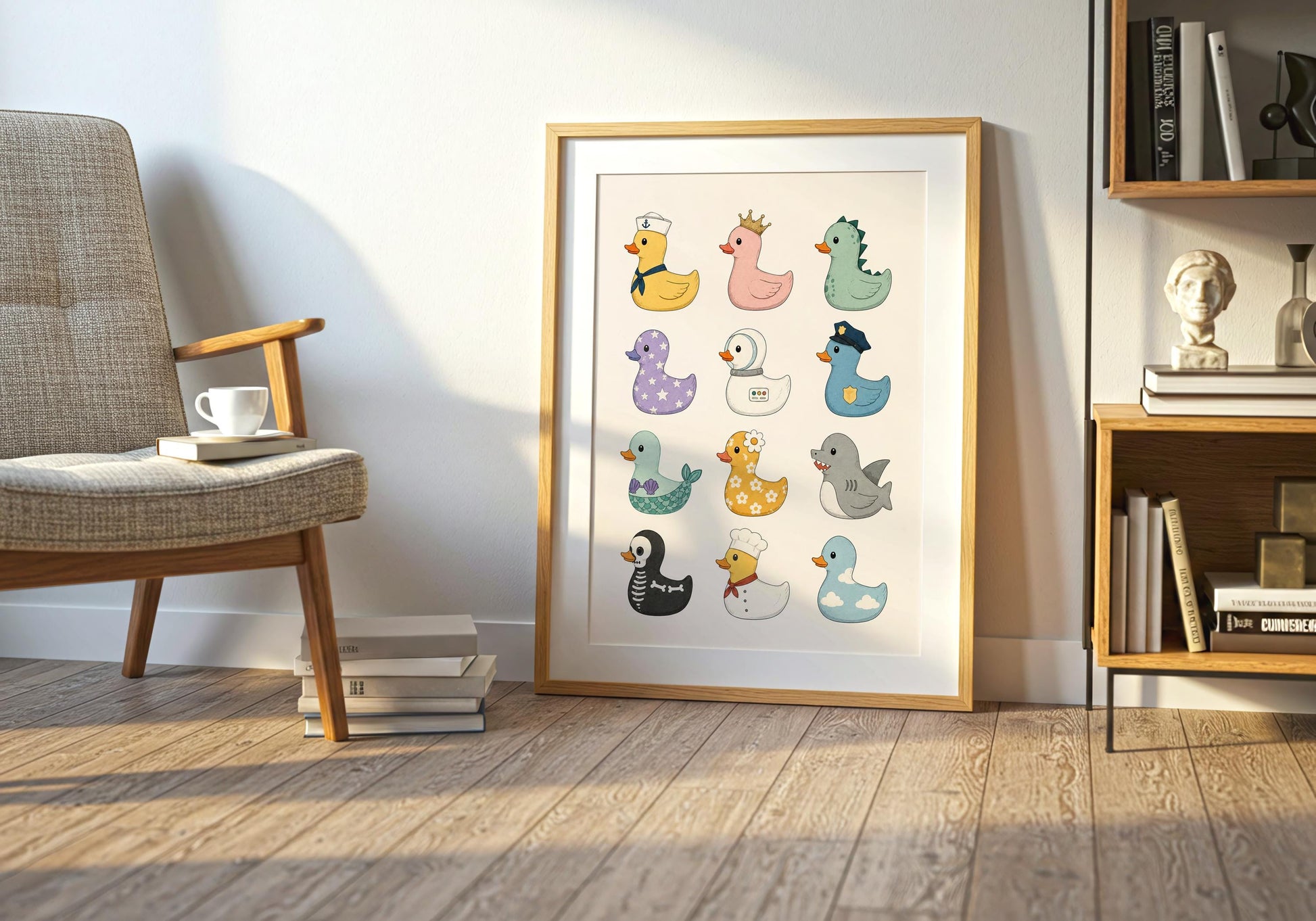 Maximalist bathroom print featuring twelve unique rubber duck characters with charming personalities.