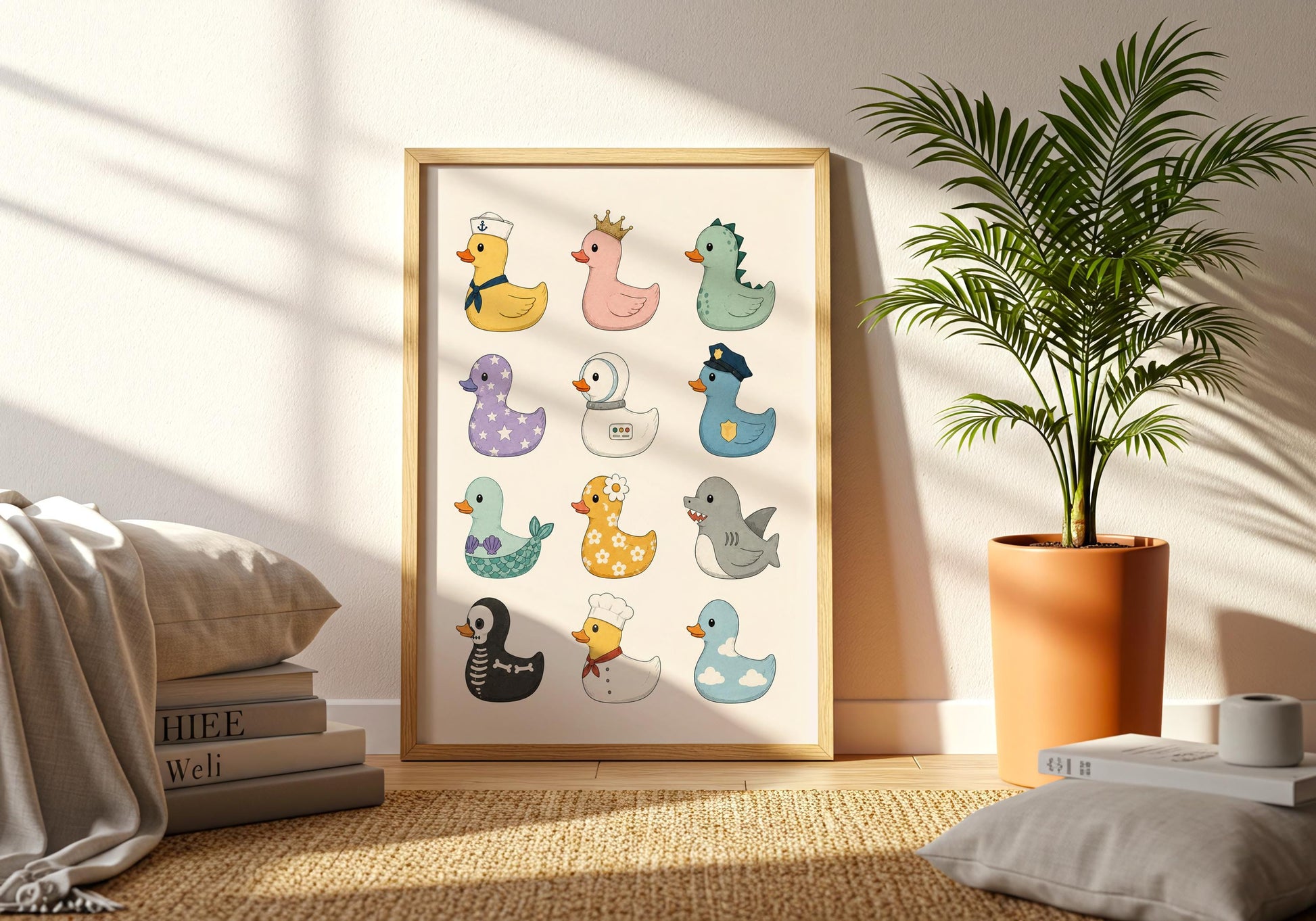 Quirky animal wall art with whimsical duck illustrations perfect for bathrooms, hallways, and gallery walls.