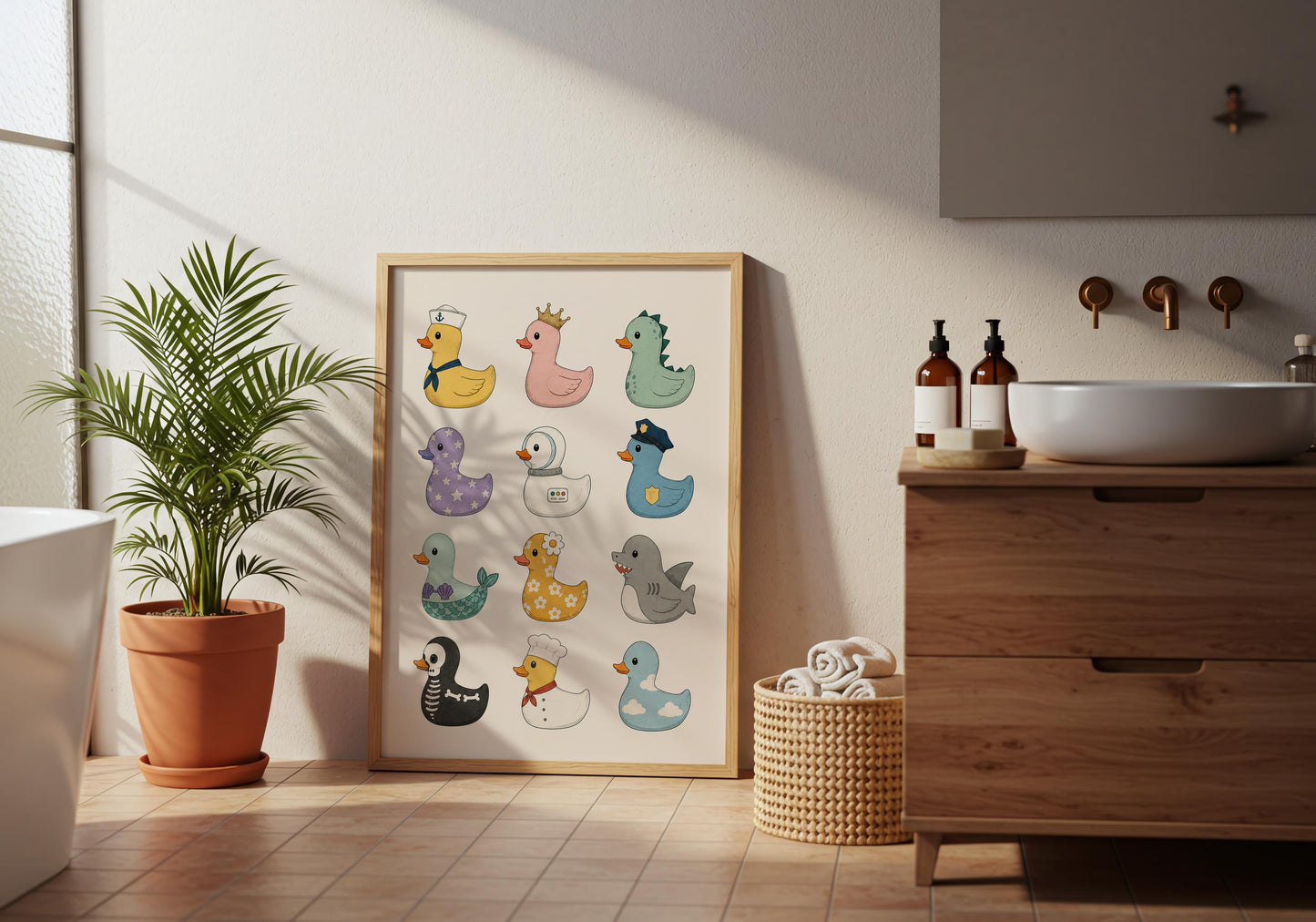Eclectic home décor print featuring adorable rubber duck characters in playful themed costumes.