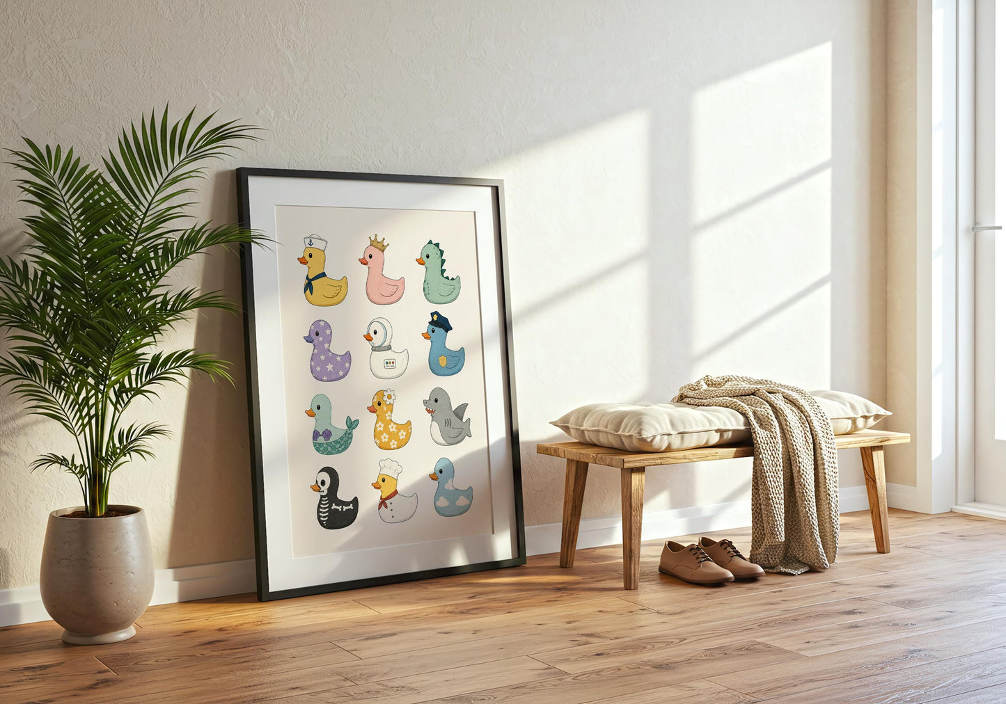 Whimsical rubber duck artwork featuring imaginative duck characters in a clean minimalist illustration style.