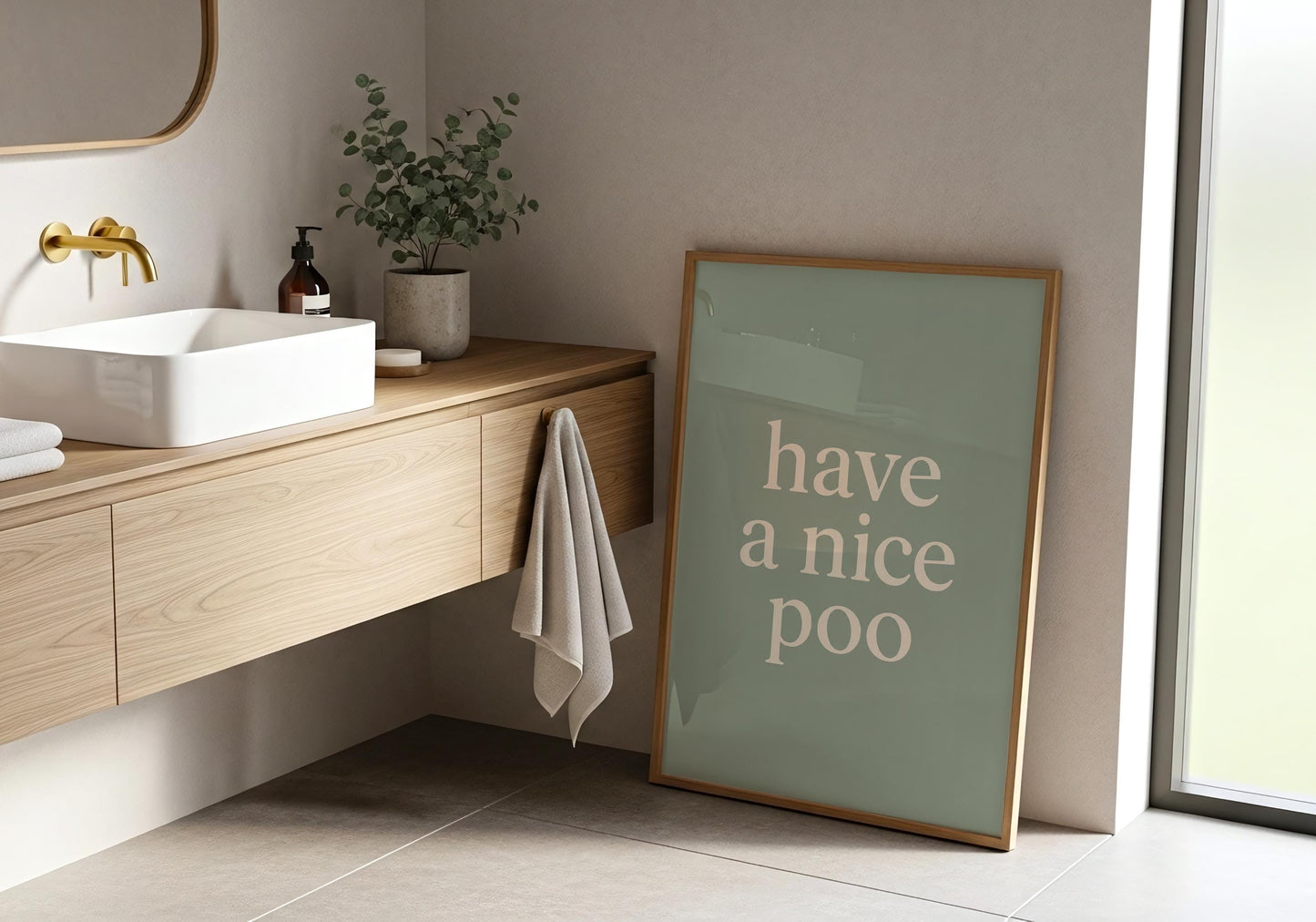 Minimalist bathroom print with humorous toilet quote in modern beige lettering on a soft green backdrop.