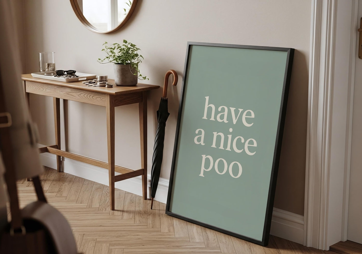 Minimalist bathroom sign with cheeky typography for contemporary home décor.