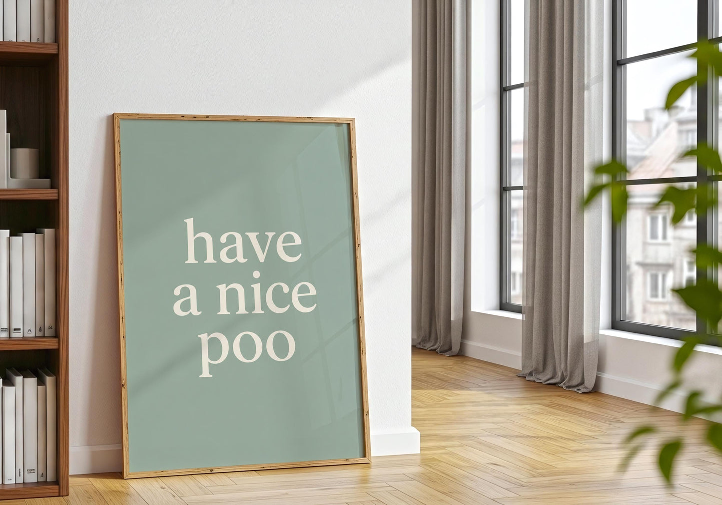 Bathroom quote print featuring playful humour in a clean Scandinavian-inspired style.