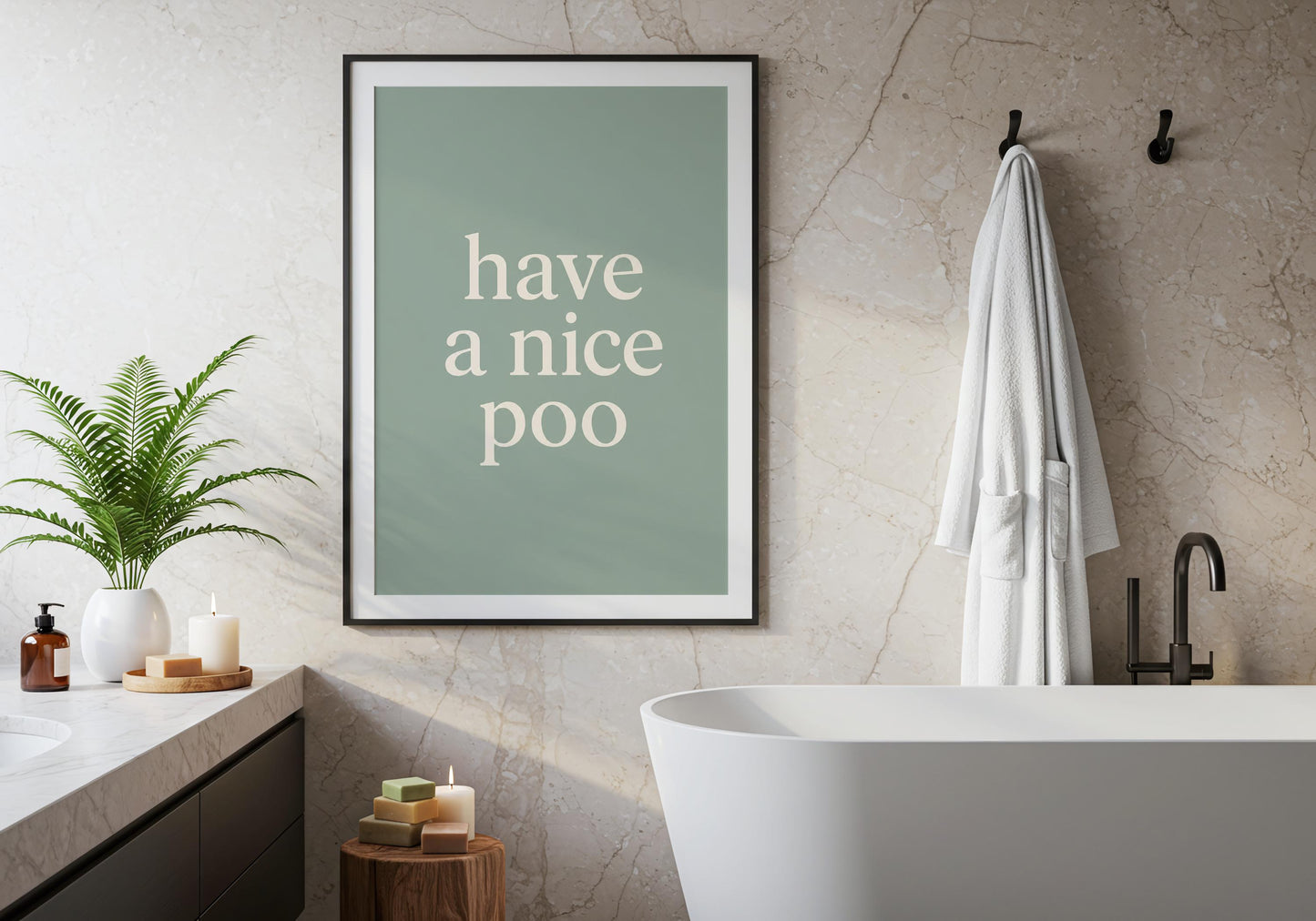 Humorous guest bathroom print with simple typography and calming sage green colours.